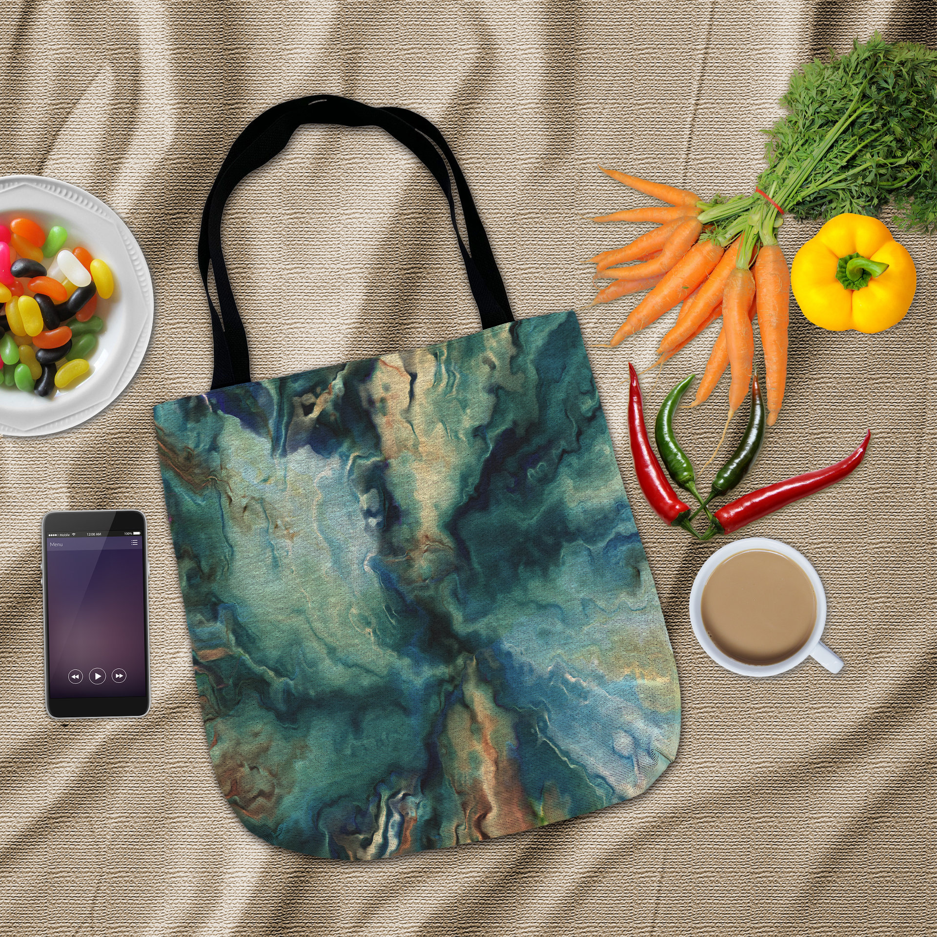 Blue Abstract Tapestry Bag, Fluid Art Woven Tote