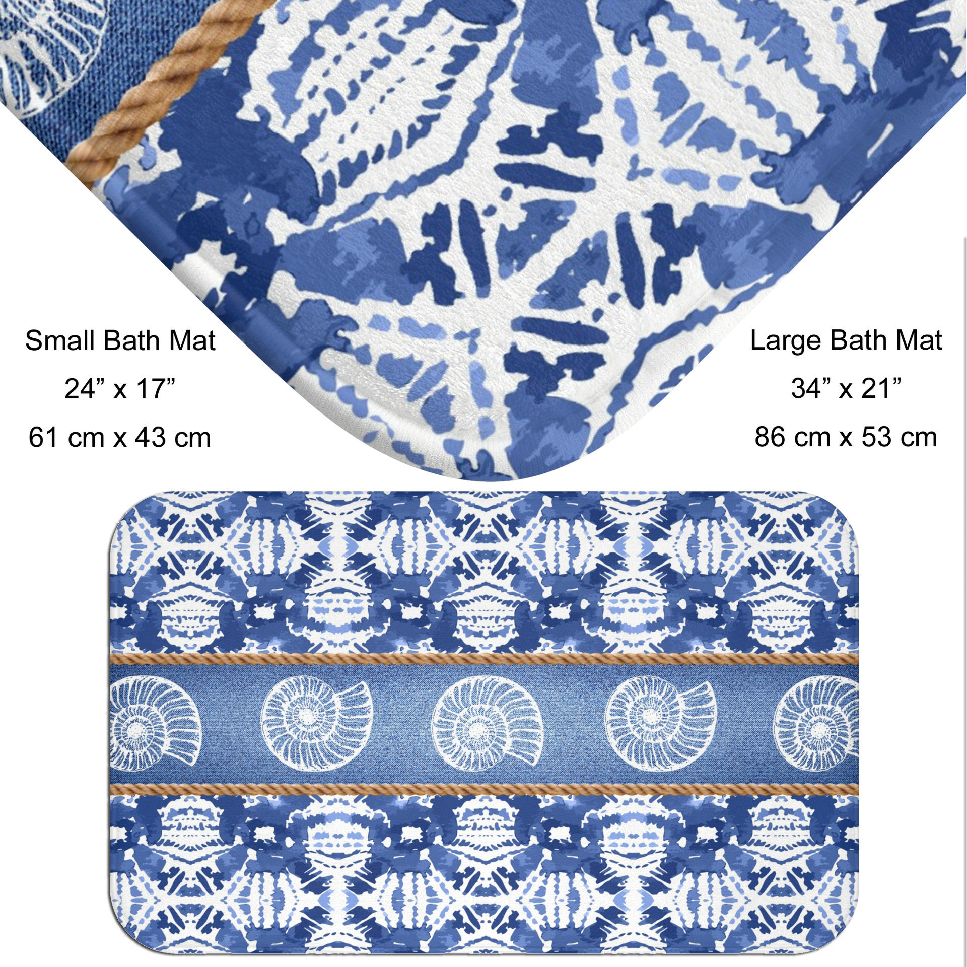 bath mat size chart and close up photo