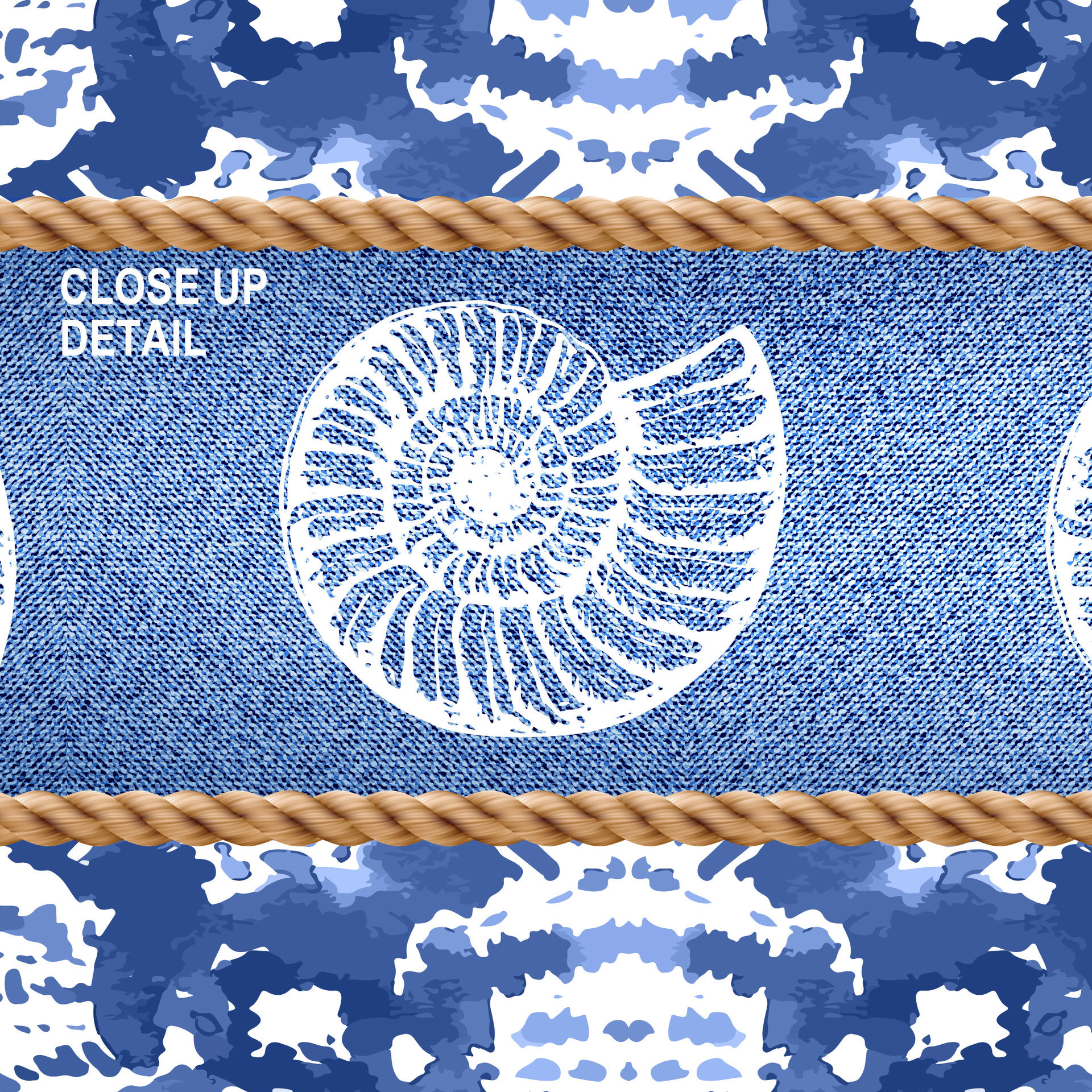 close up of blue seashell and ikat pattern shower curtain