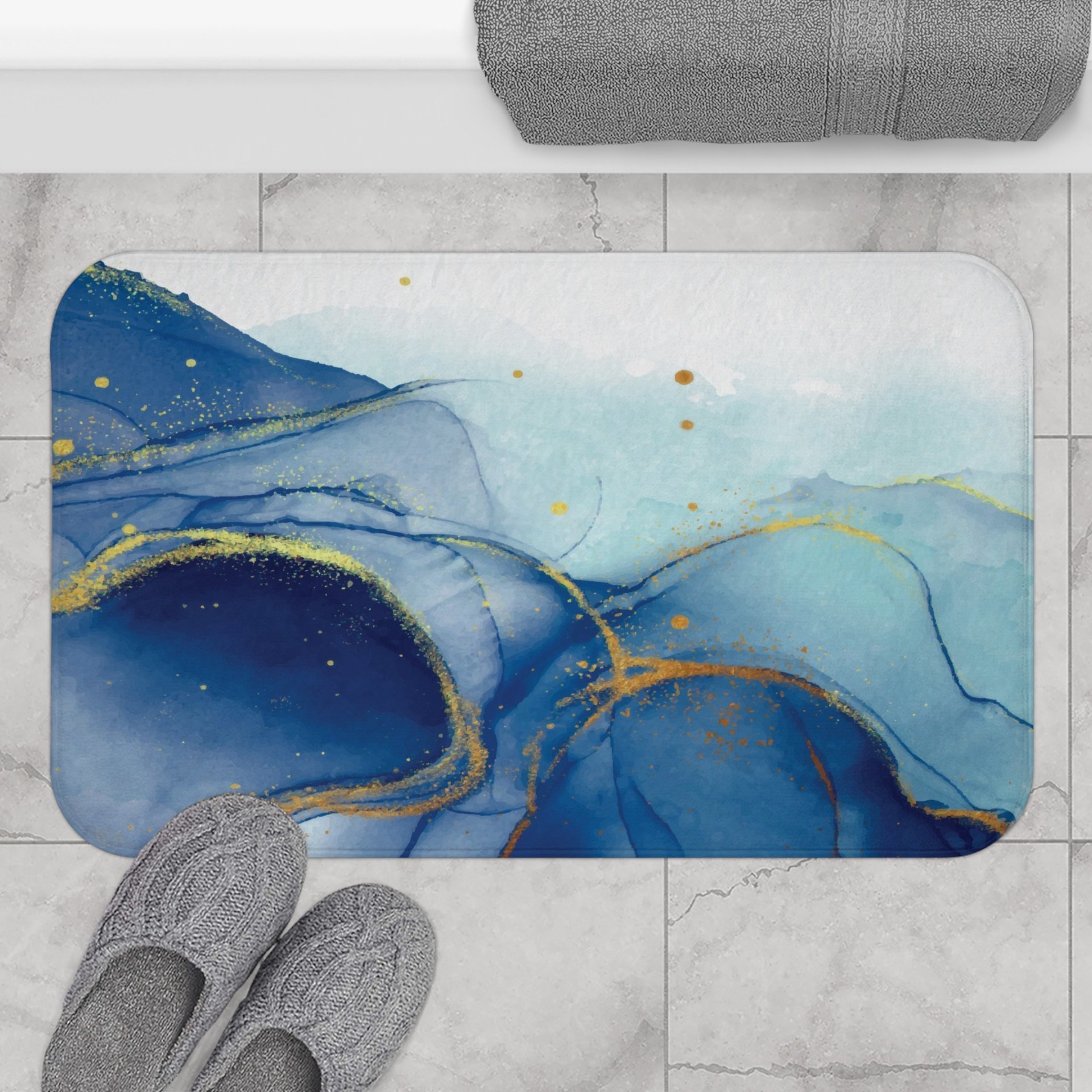 Blue Alcohol Ink Shower Curtain, Bath Mat