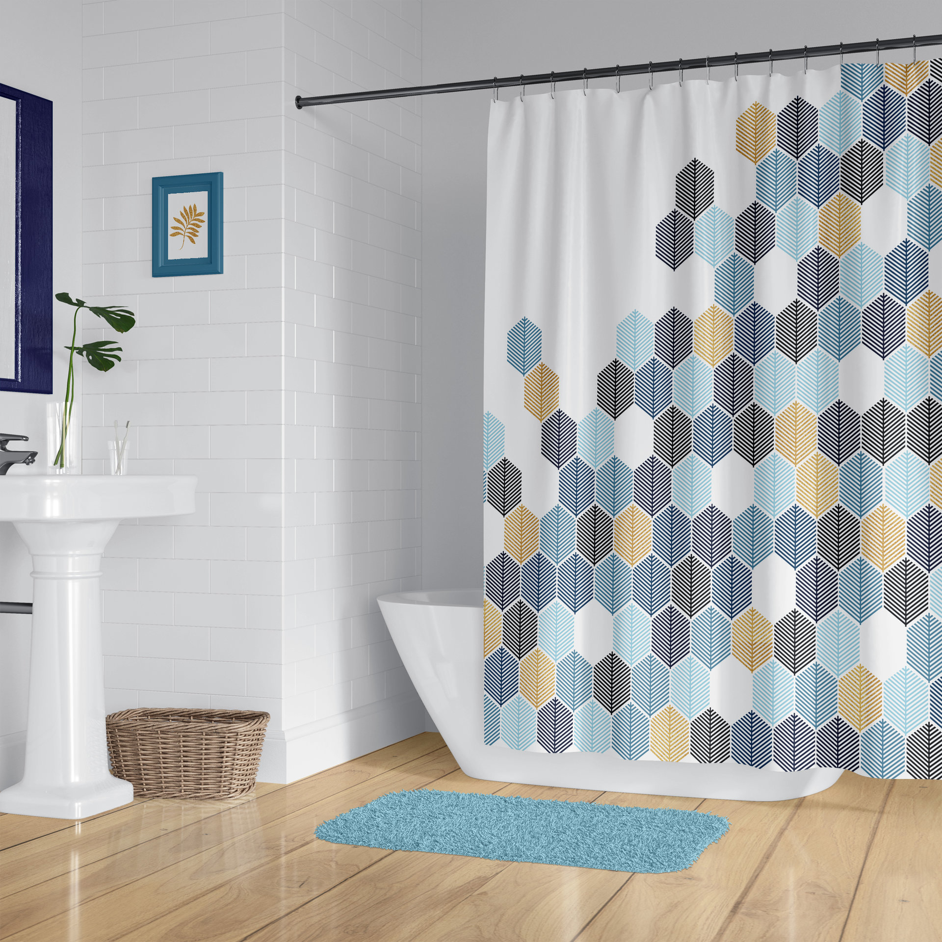 Abstract honeycomb-shaped trees design shower curtain in navy blue, rackley blue, light blue and gold (not glittery) on a white background.