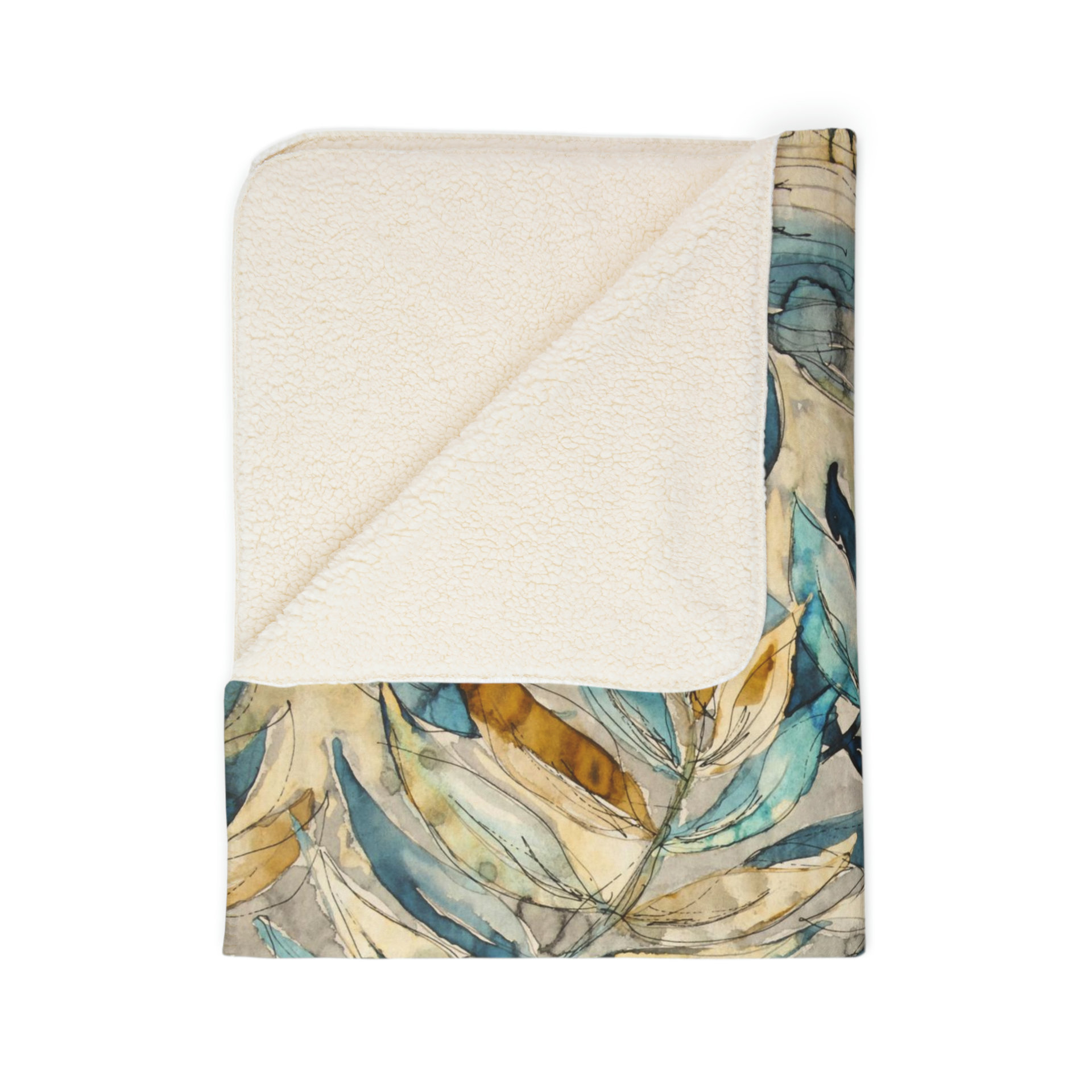 Folded Watercolor Leaves Fleece Blanket showing sherpa fleece