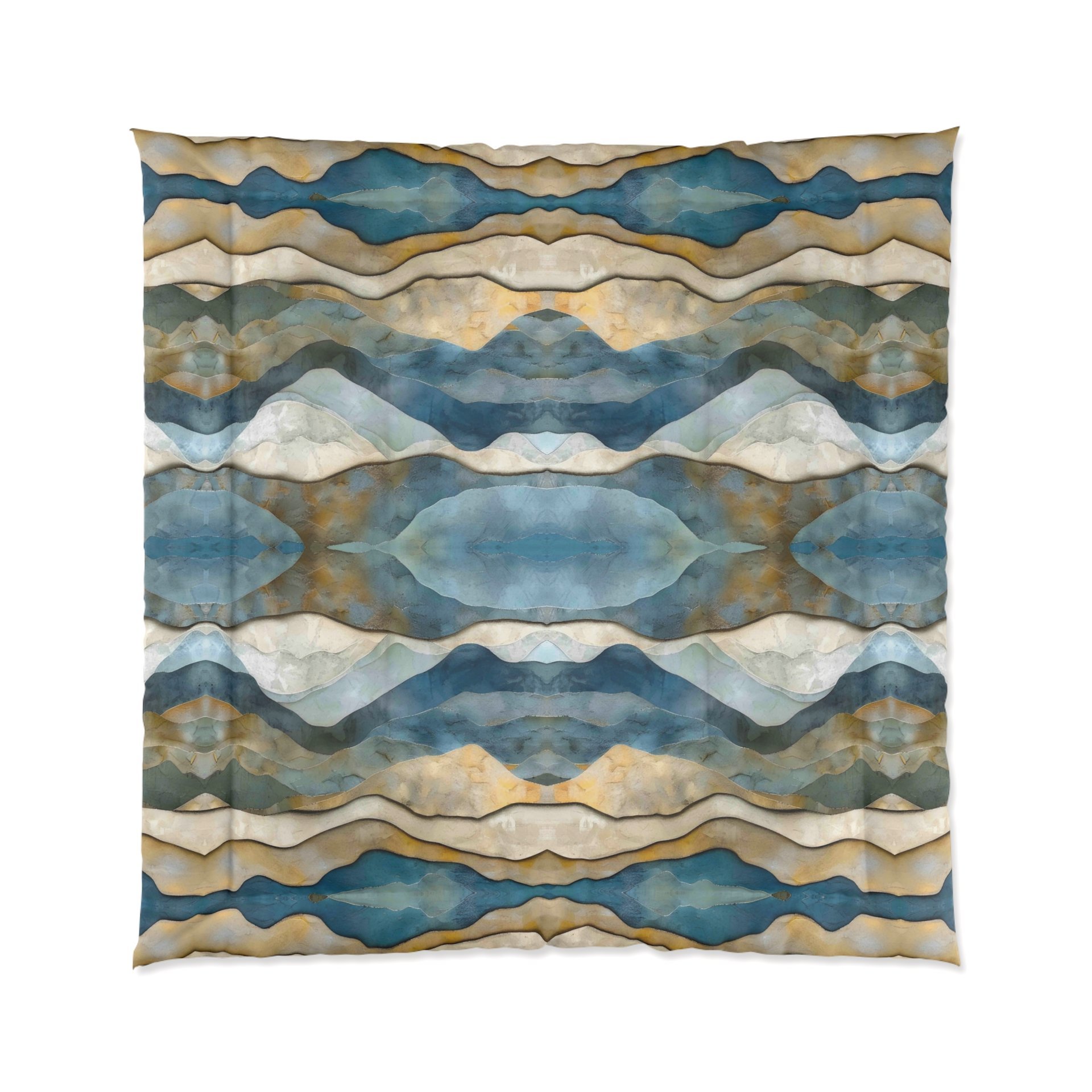 Queen comforter printed with an abstract watercolor winter landscape