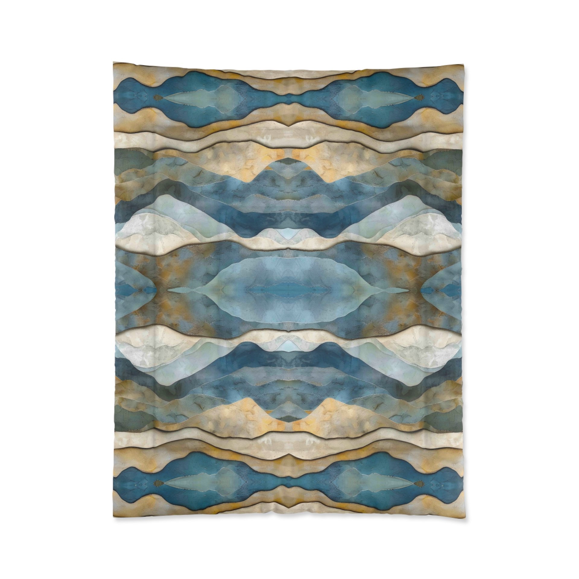 Twin comforter printed with an abstract watercolor winter landscape