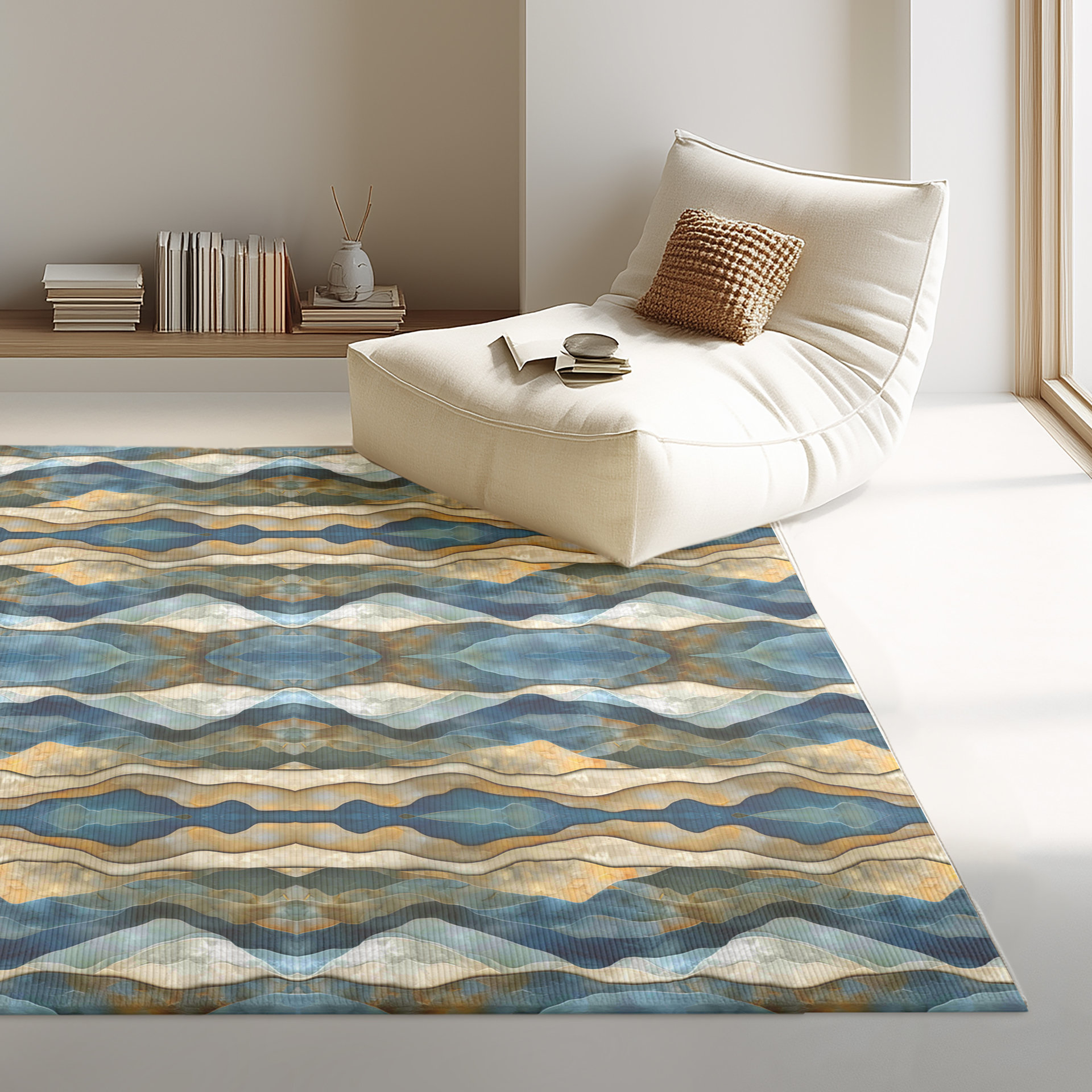 You'll see an abstract winter landscape featuring fluffy clouds, snow-capped mountains, icy lakes and rolling hills in this striped rug.