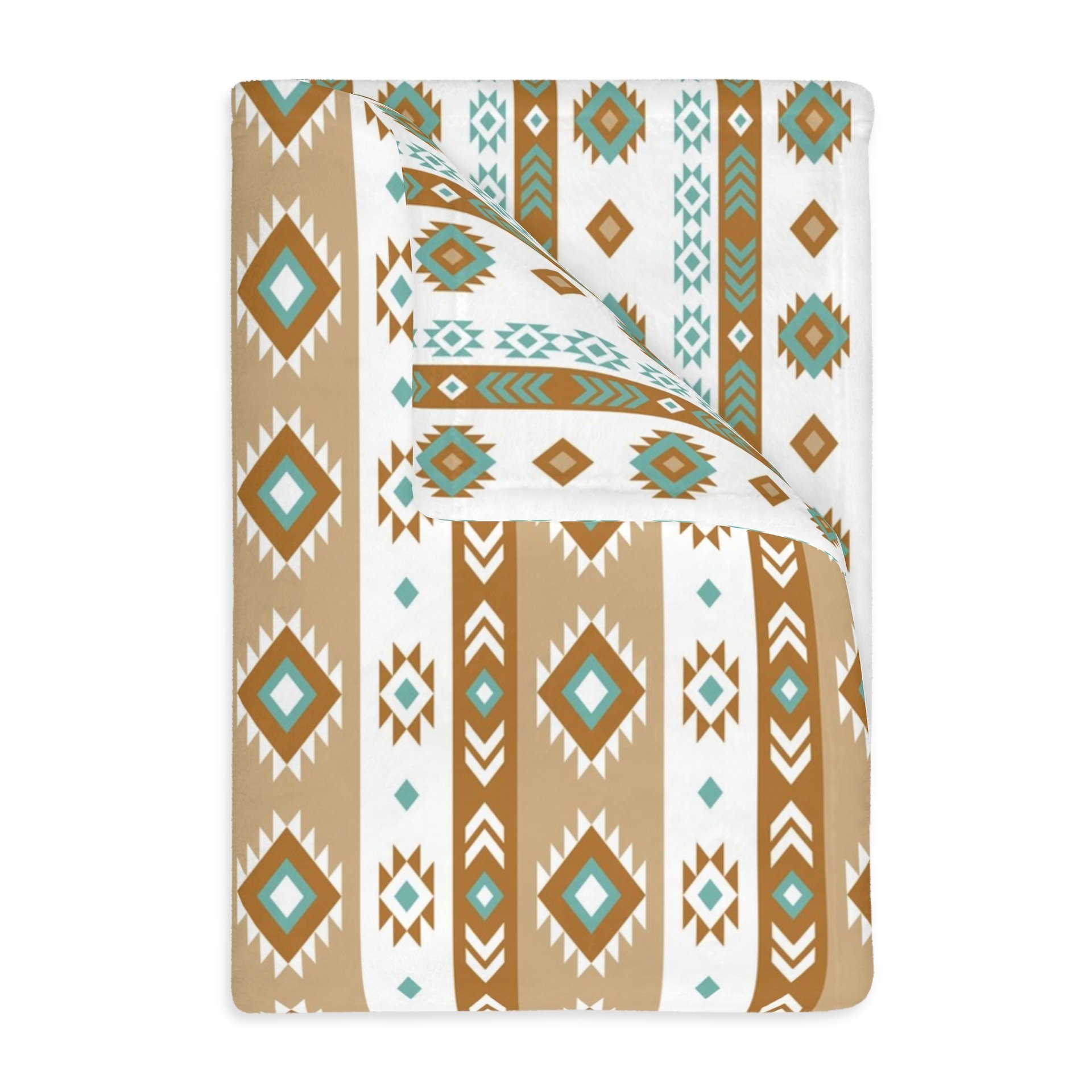 Aztec art printed on a lightweight, soft and fluffy two-sided reversible plush velveteen throw blanket in white, light teal, tan, and brown. One side is printed on a white background and the other side is printed on a tan background.
