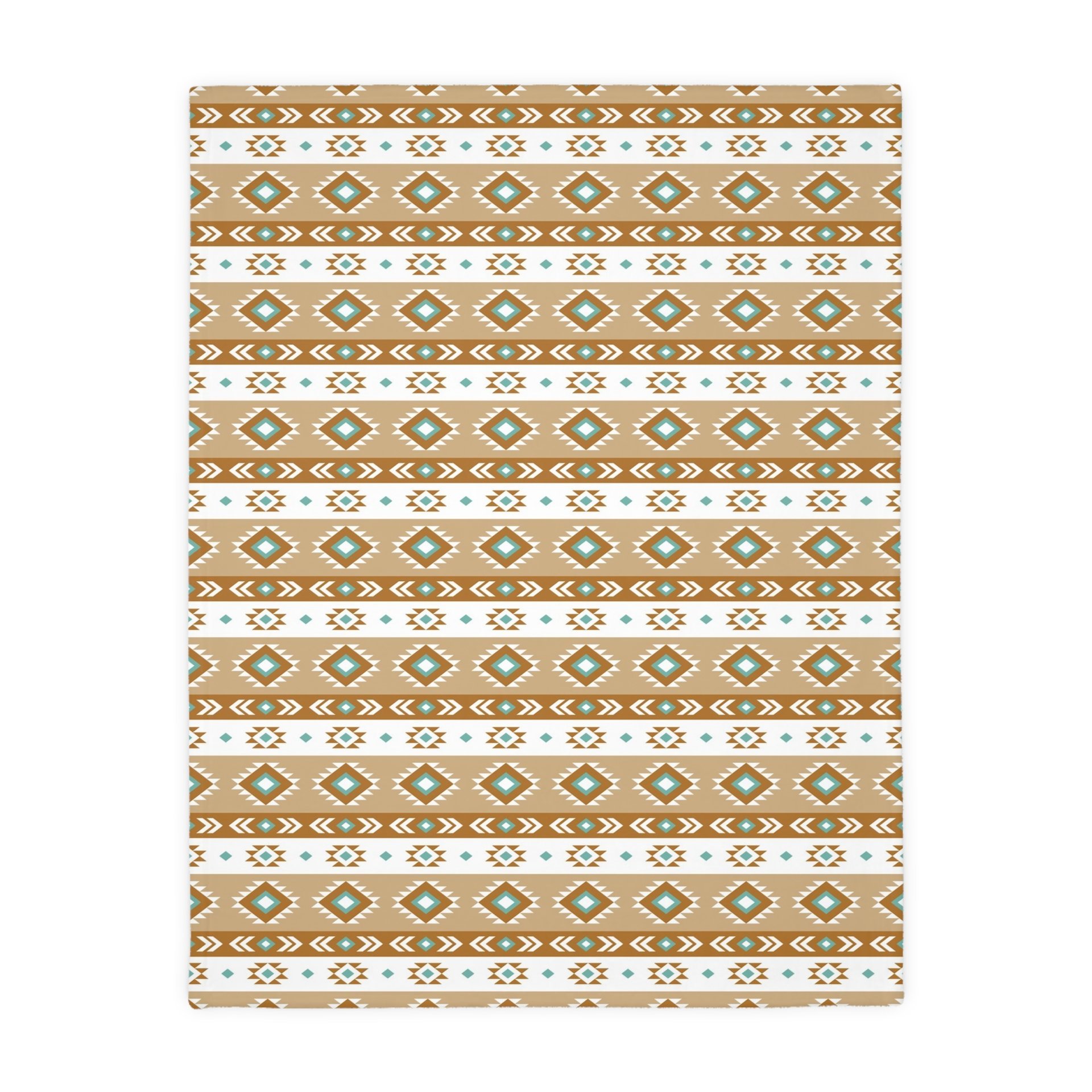 plush velveteen throw blanket in white, light teal, tan, and brown.