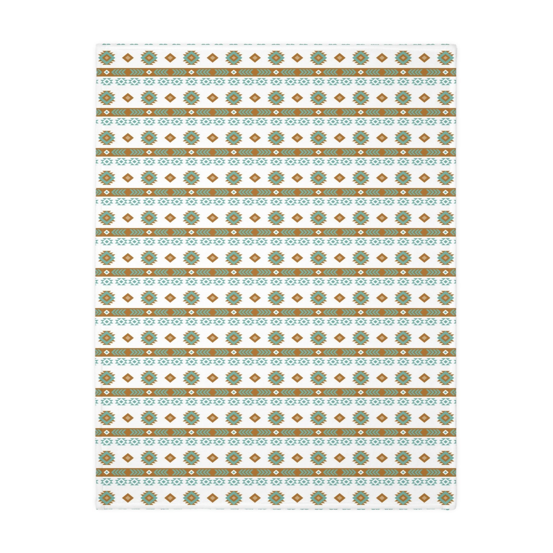 plush velveteen throw blanket in white, light teal, tan, and brown.