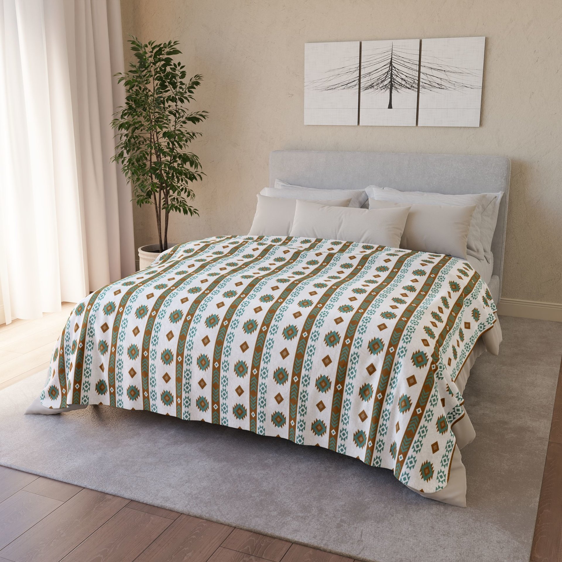 plush velveteen throw blanket in white, light teal, tan, and brown.