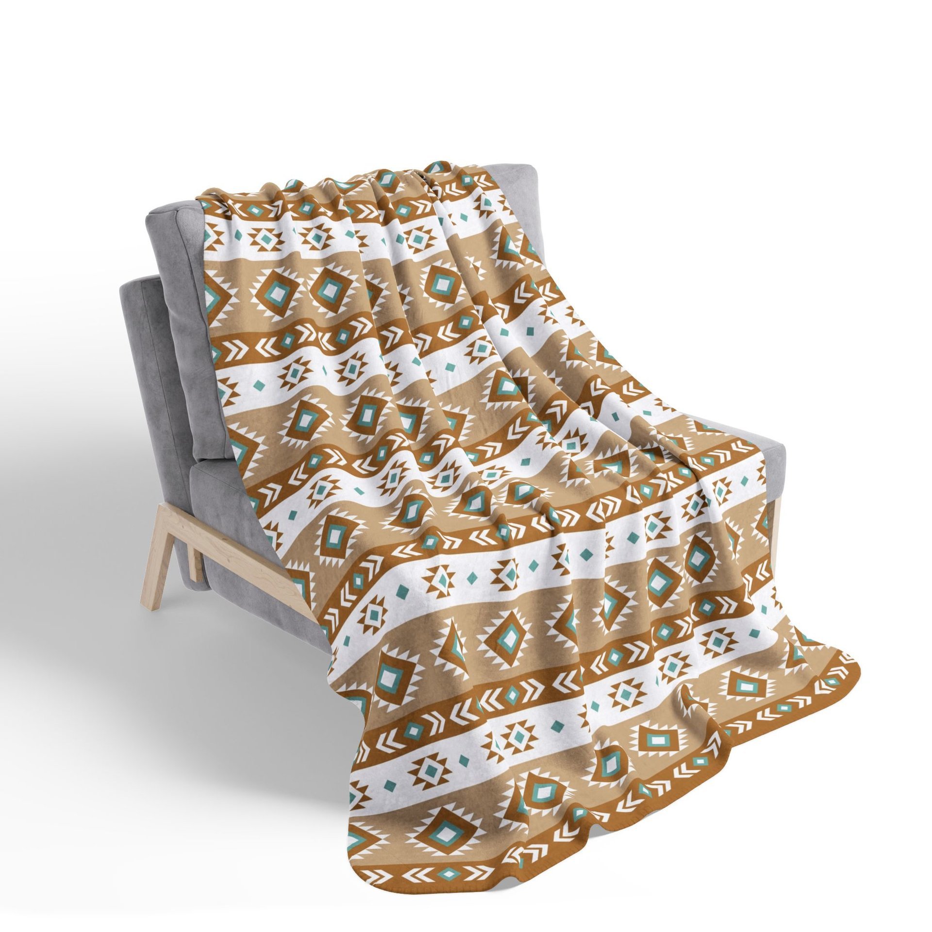 plush velveteen throw blanket in white, light teal, tan, and brown.