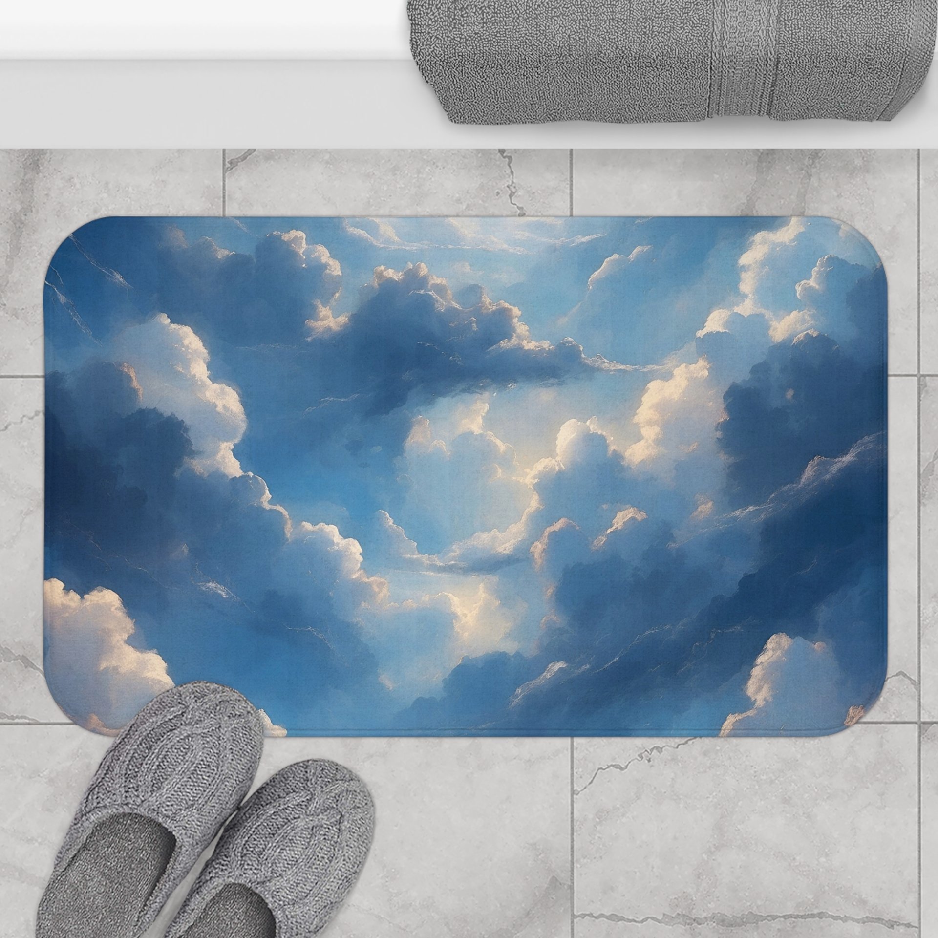 Blue Sky bath mat with Fluffy White Clouds, large