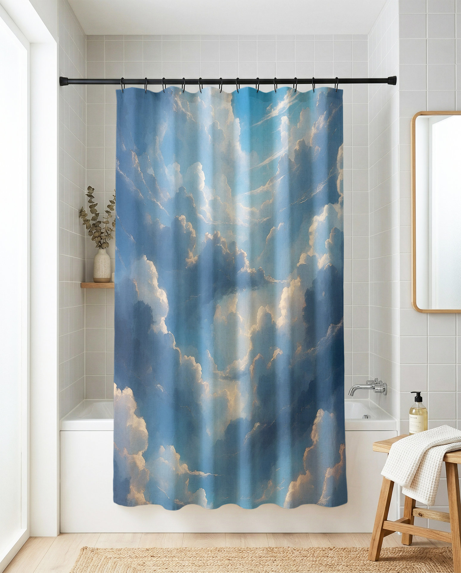 Blue Sky Shower Curtain, Fluffy White Clouds