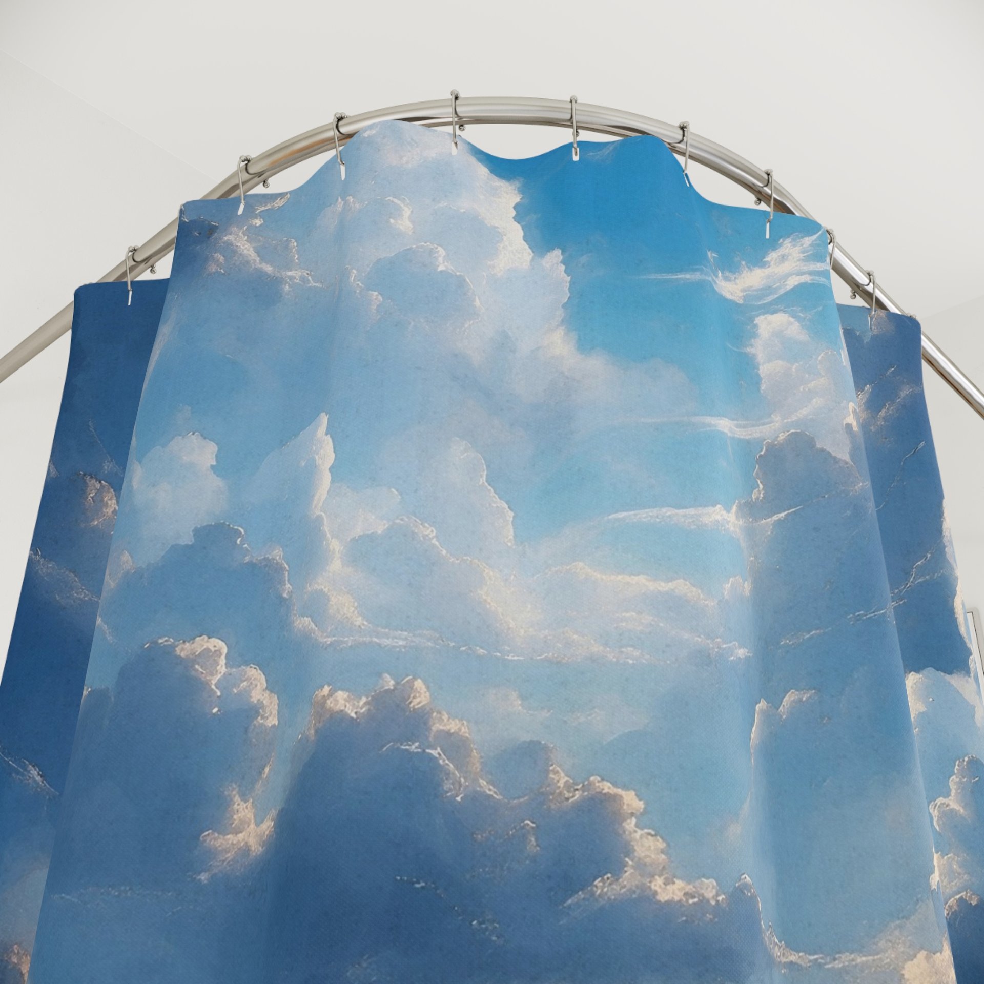 Blue Sky Shower Curtain, Fluffy White Clouds upper view showing button holes