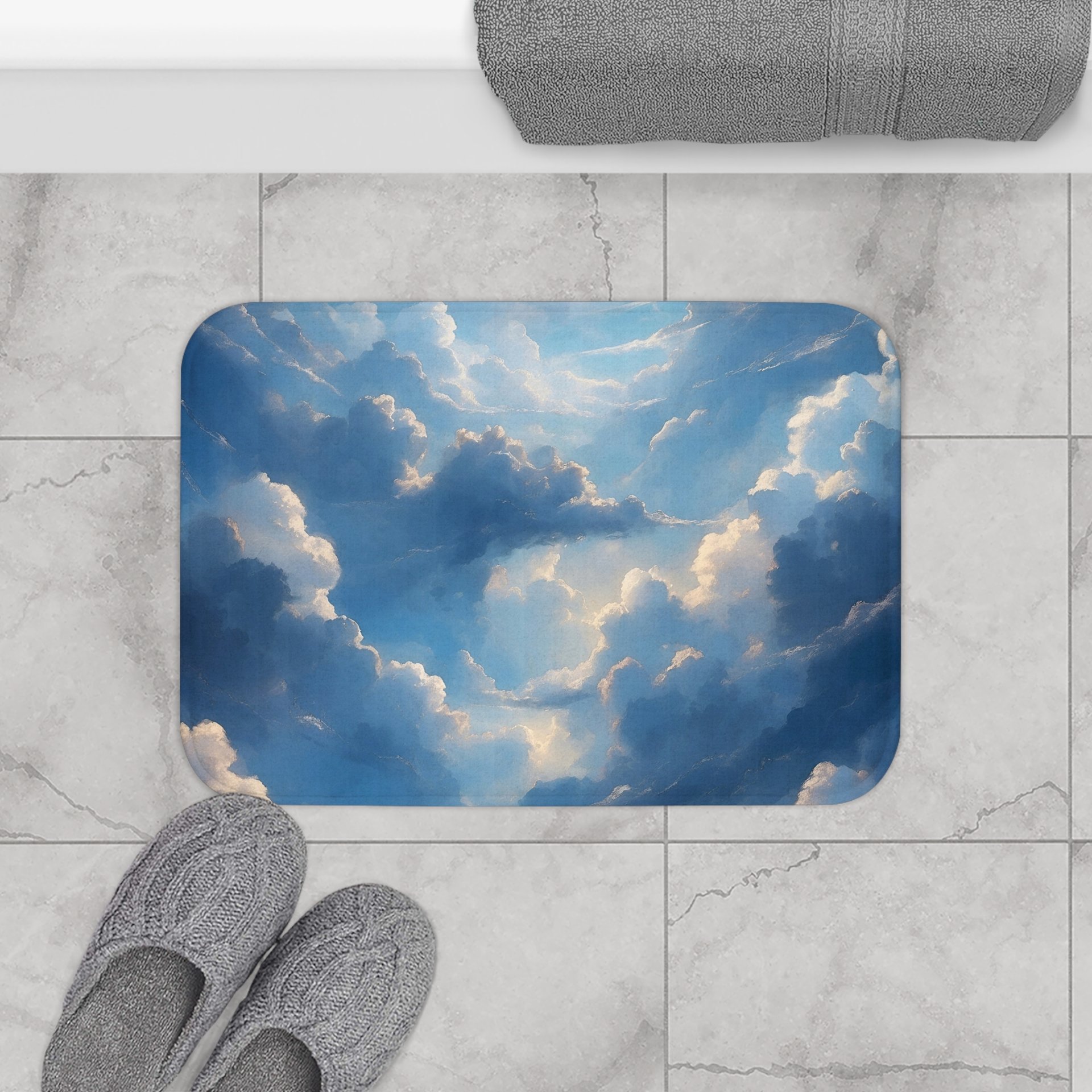 Blue Sky bath mat with Fluffy White Clouds, small