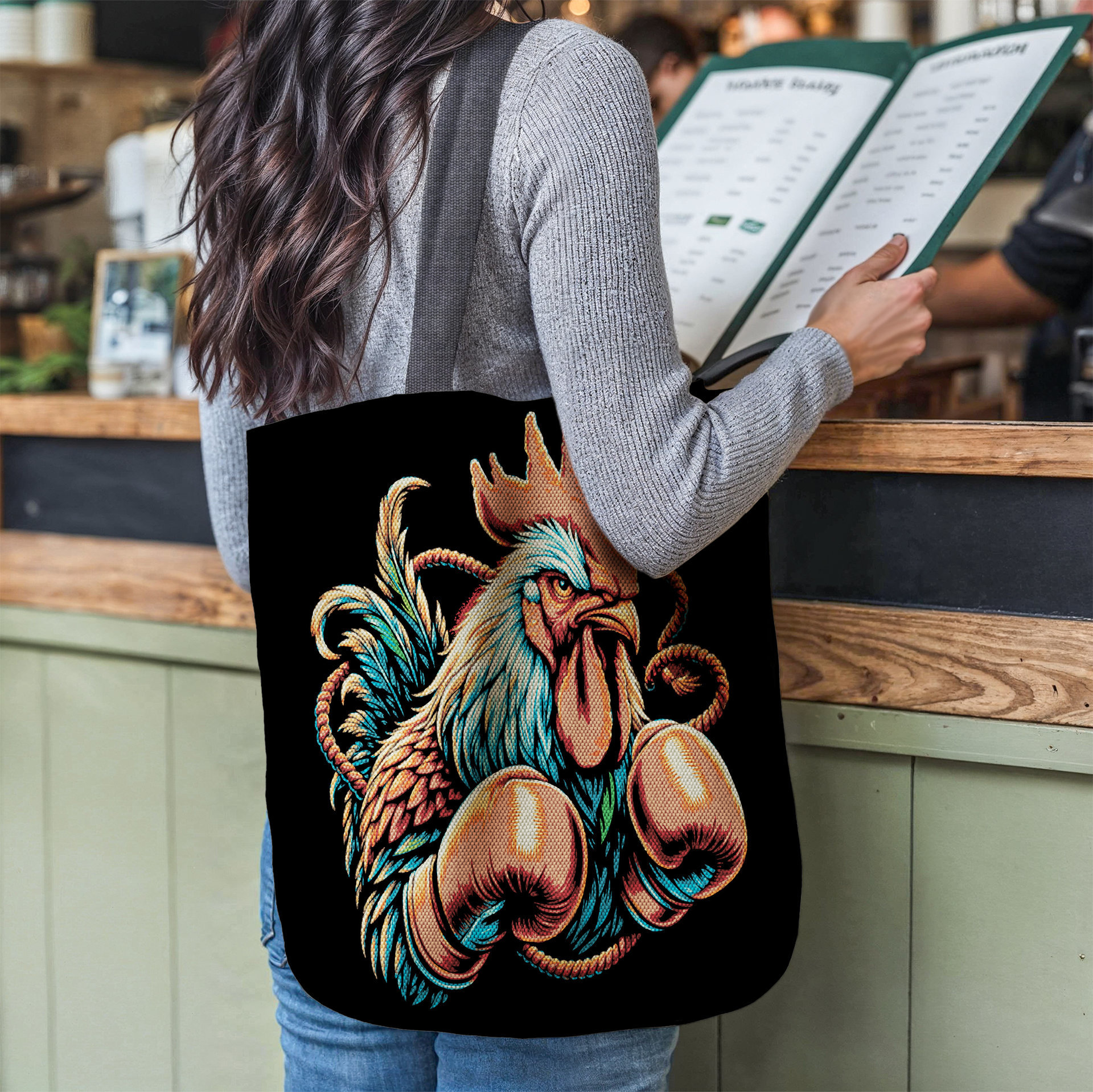 Cockerel with boxing gloves Woven Tapestry Bag