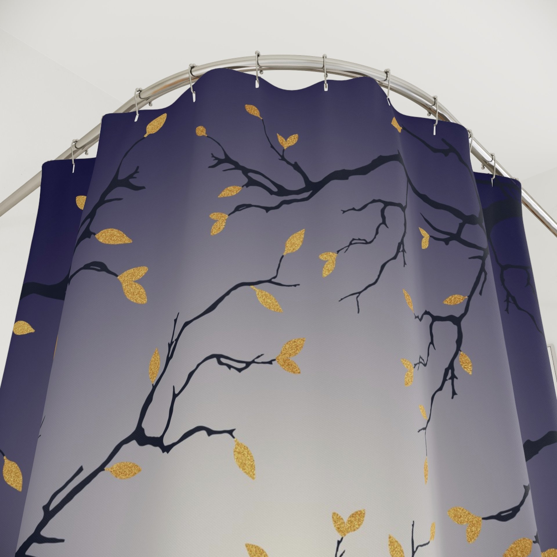 Moonlit Sky Shower Curtain, Navy Blue and Cream Ombré showing button hole top.