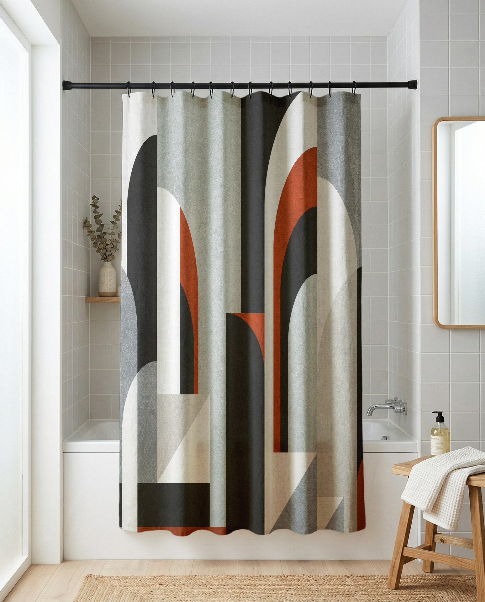Brick Red Minimalist Art Deco Shower Curtain, Bath Mat Optional
