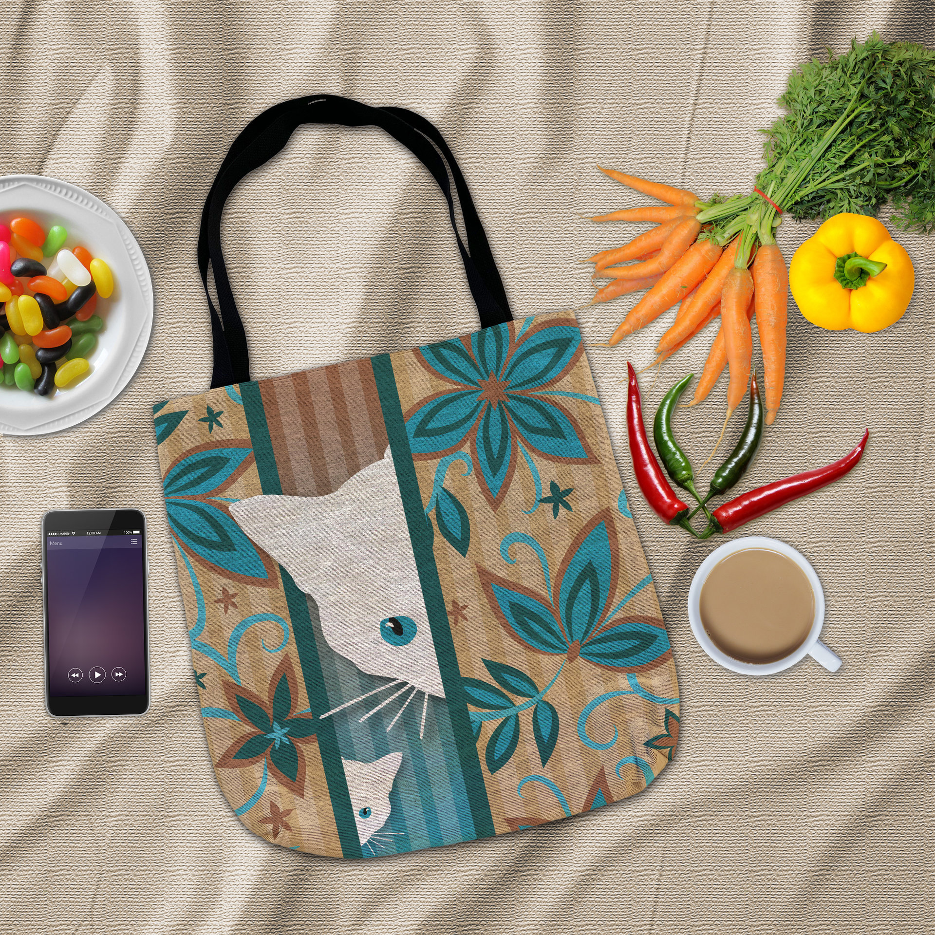 Flay lay photo of a Mama Cat and Kitten Woven shopping Bag