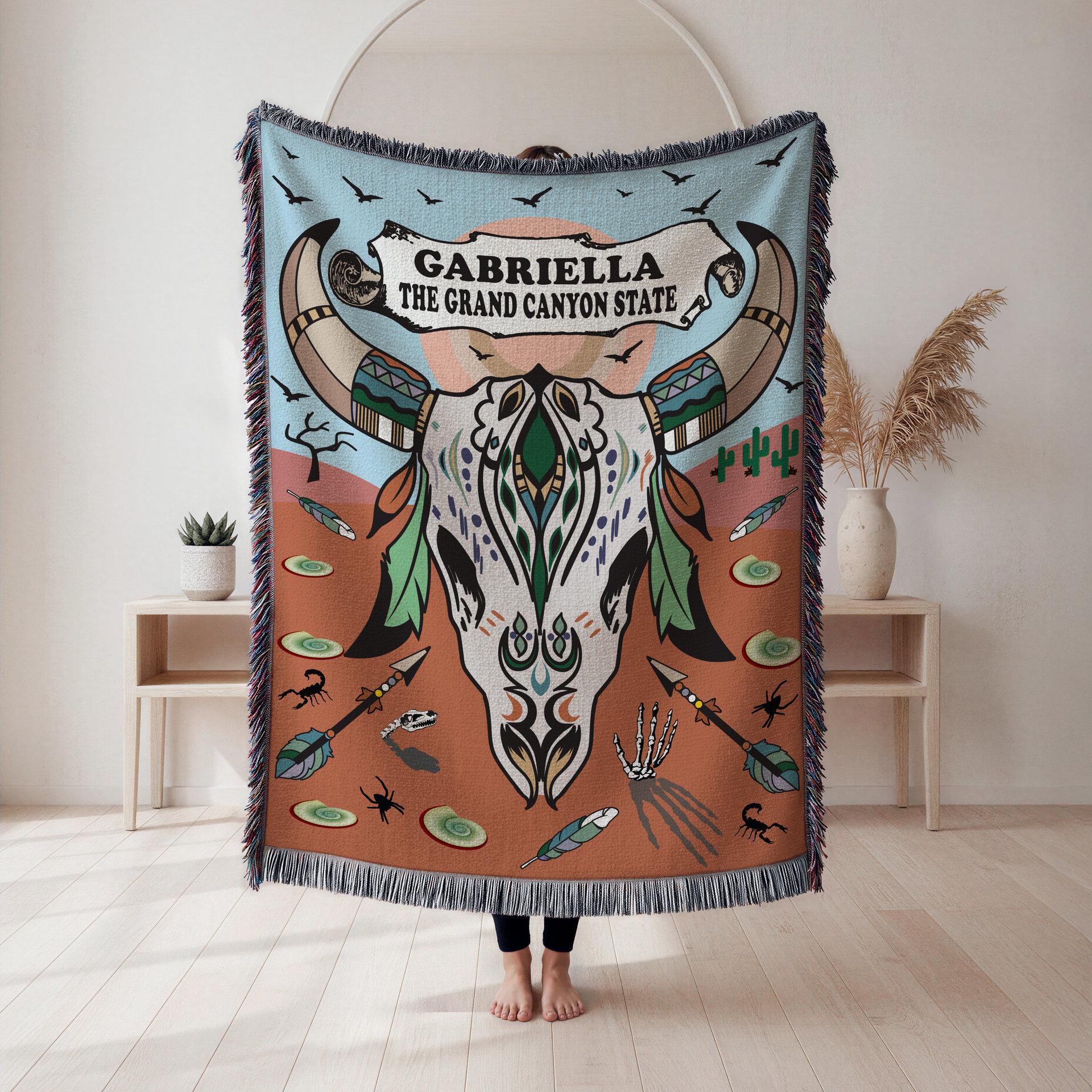 Personalized Southwestern Woven Cotton Throw Blanket, Cow skull design