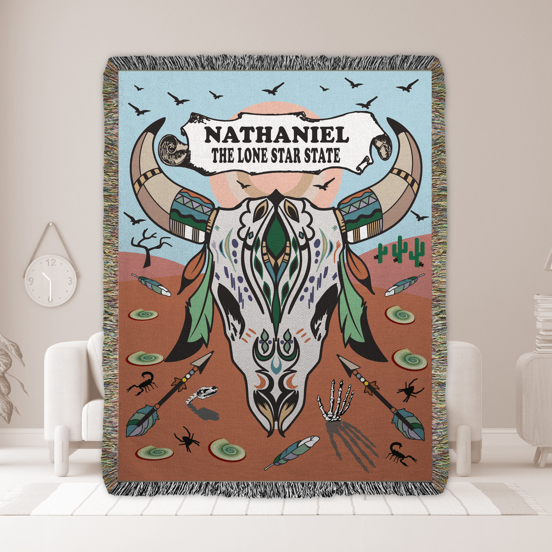 Personalized Southwestern Woven Cotton Throw Blanket, Cow skull design