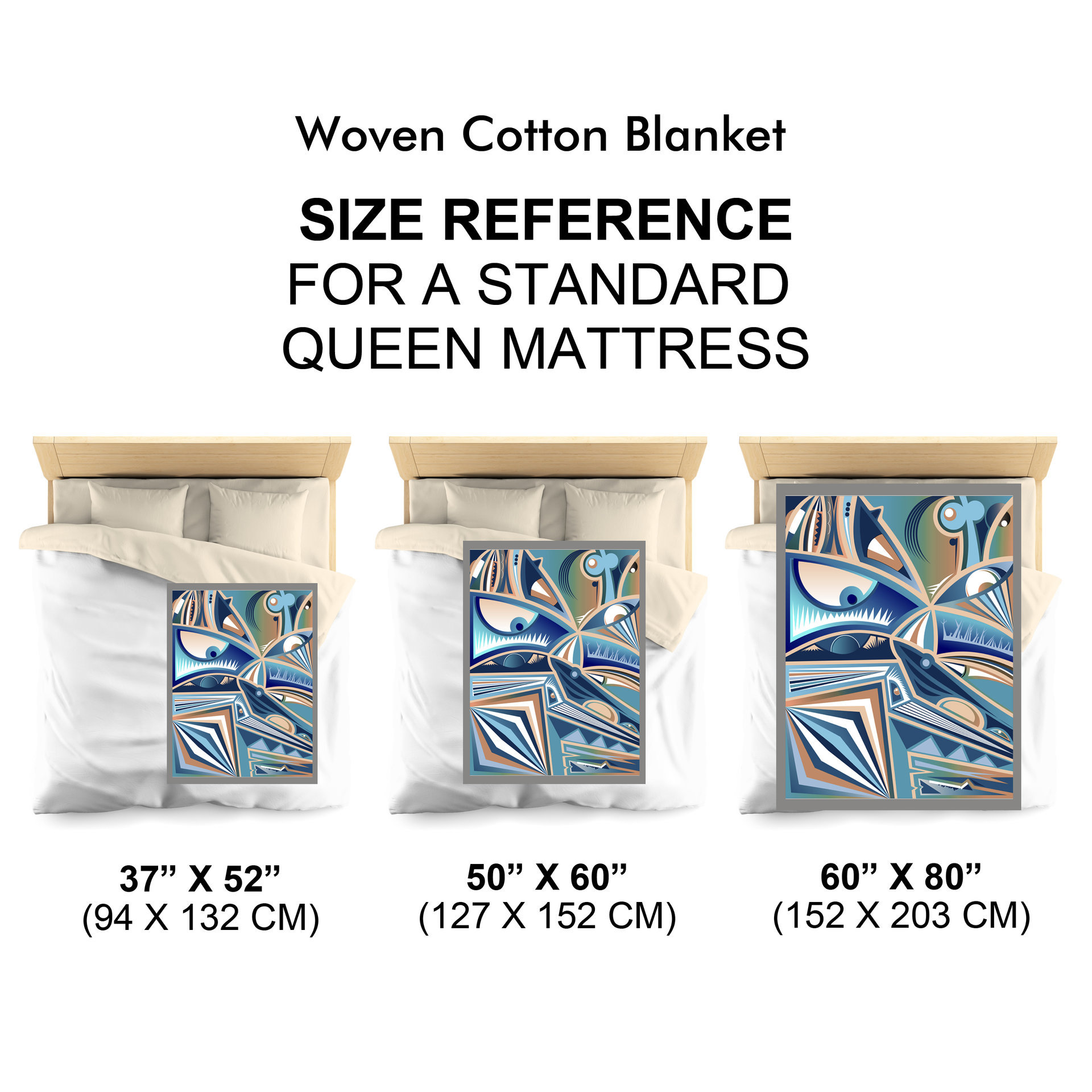 Modern Cubist Woven Blanket size chart in reference to a queen size bed.