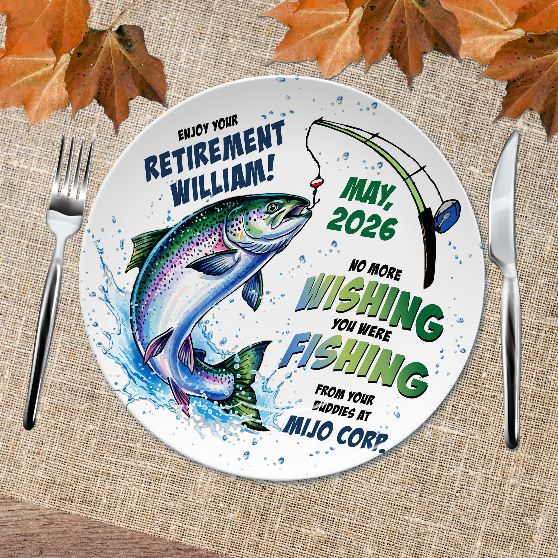 Personalized Coworker Retirement Gift Plate for a salmon Fisherman