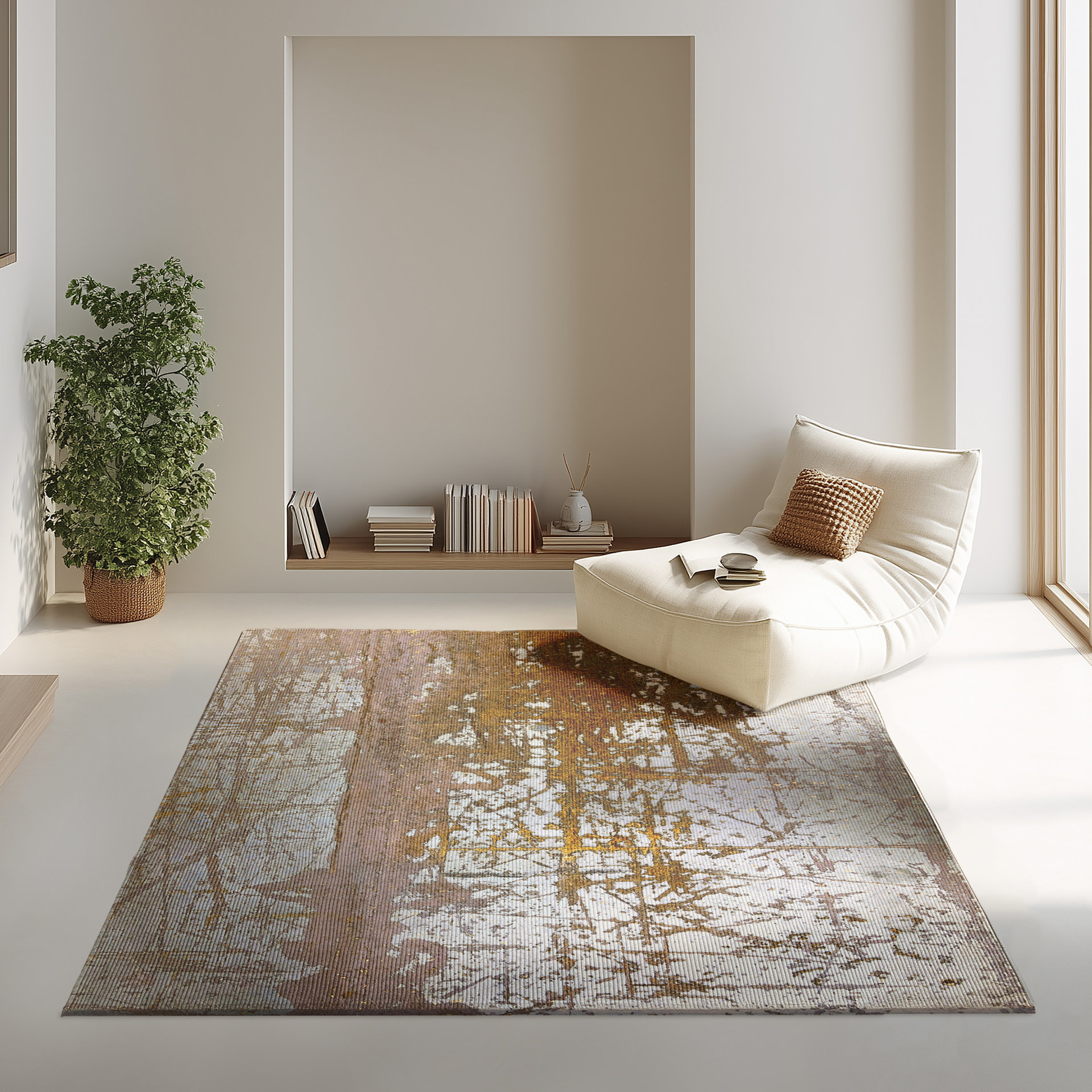 This abstract industrial rug features a bold gold and grey scratch-texture design inspired by aged metal and urban decay.