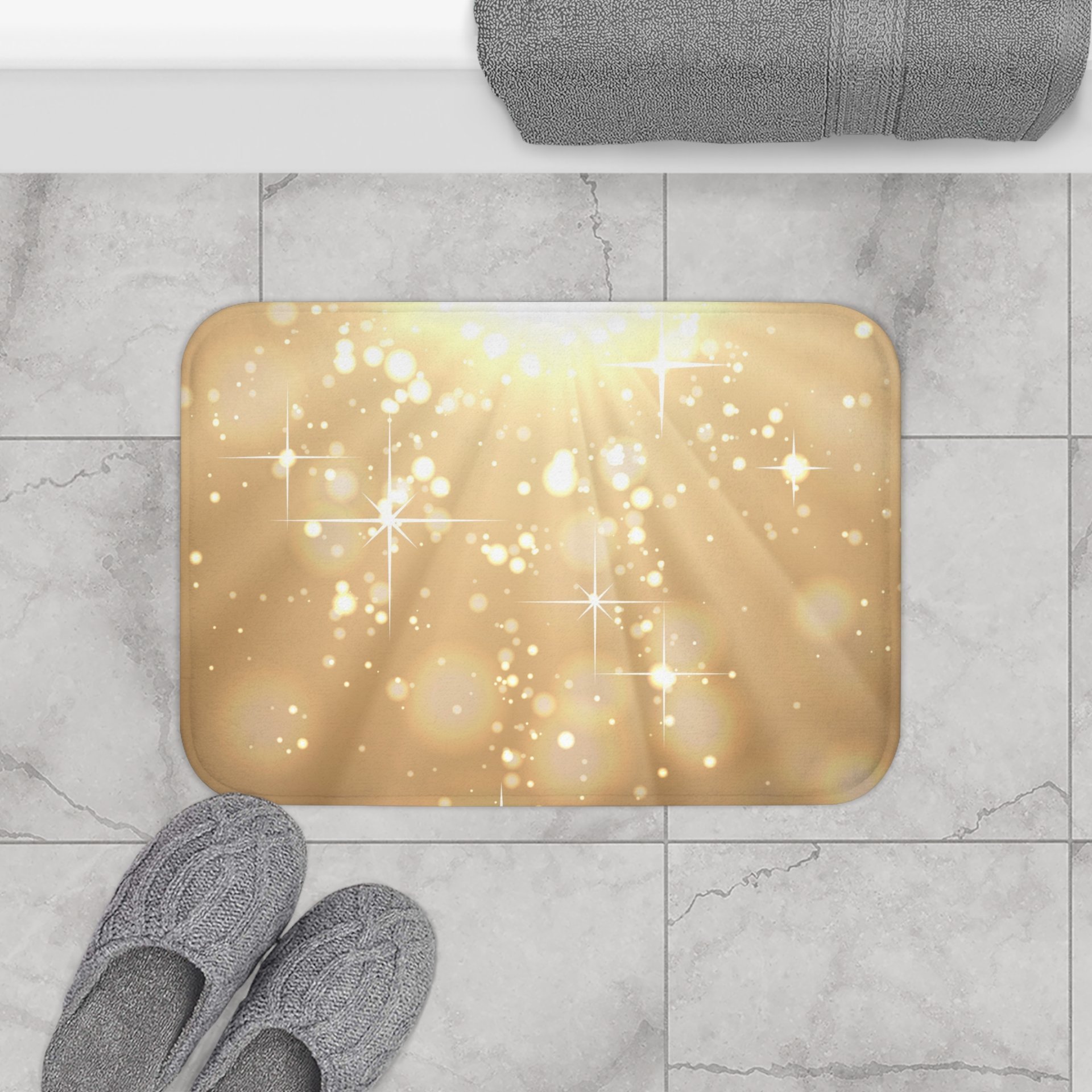 Gold Bokeh Lights bath mat, Hollywood Glam Style