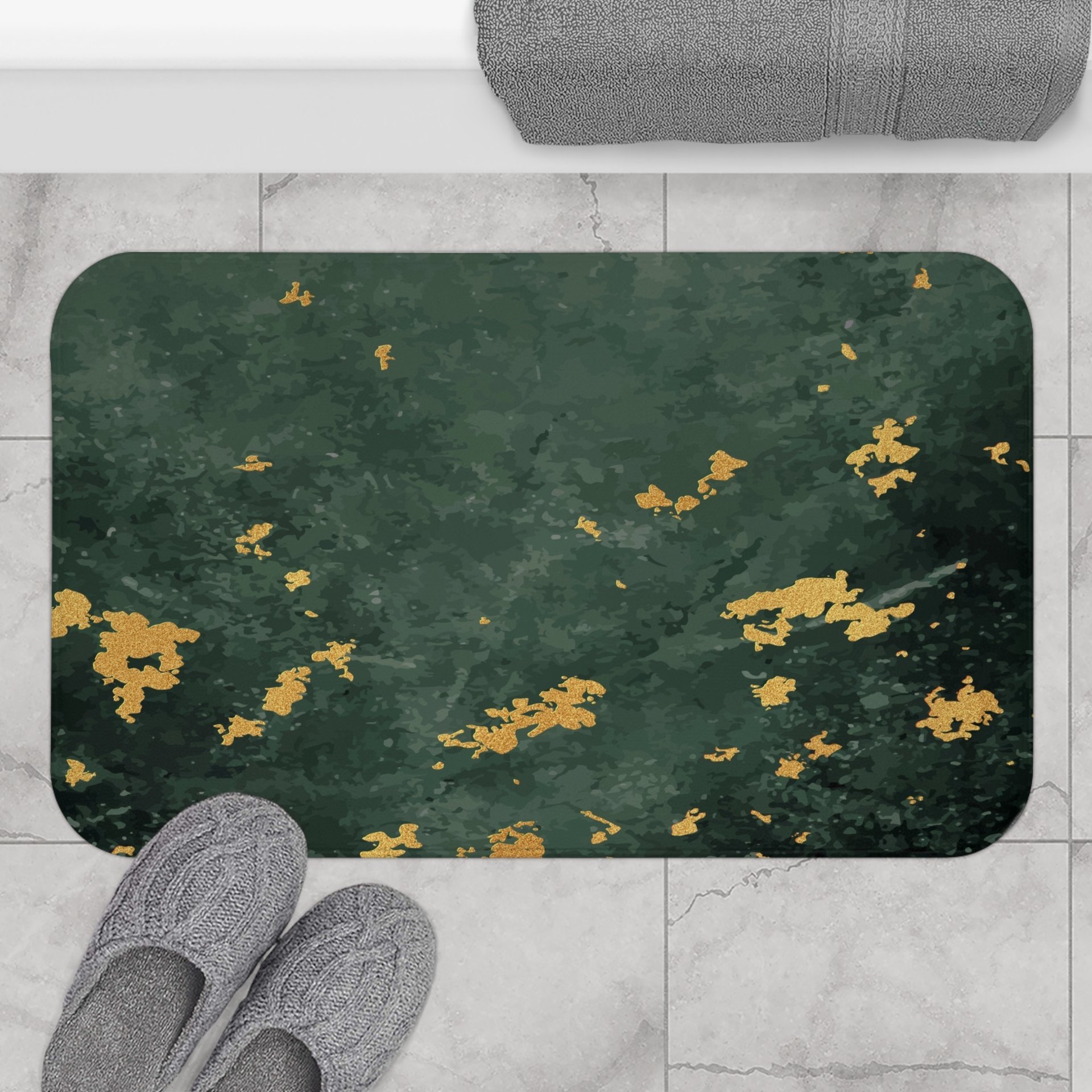 Abstract Green Gray Ombré and Gold large bath mat