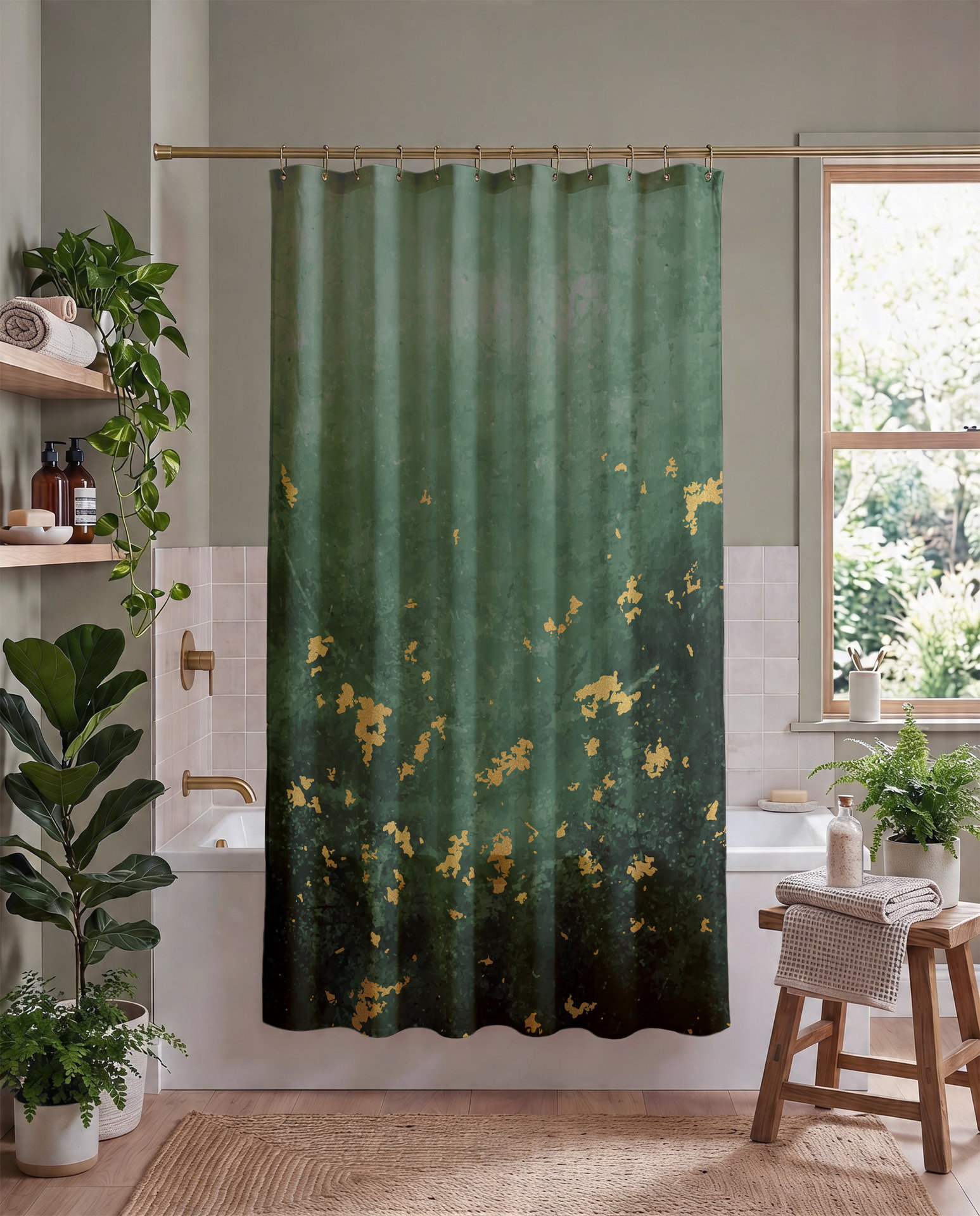 Abstract Green Gray Ombré and Gold Shower Curtain