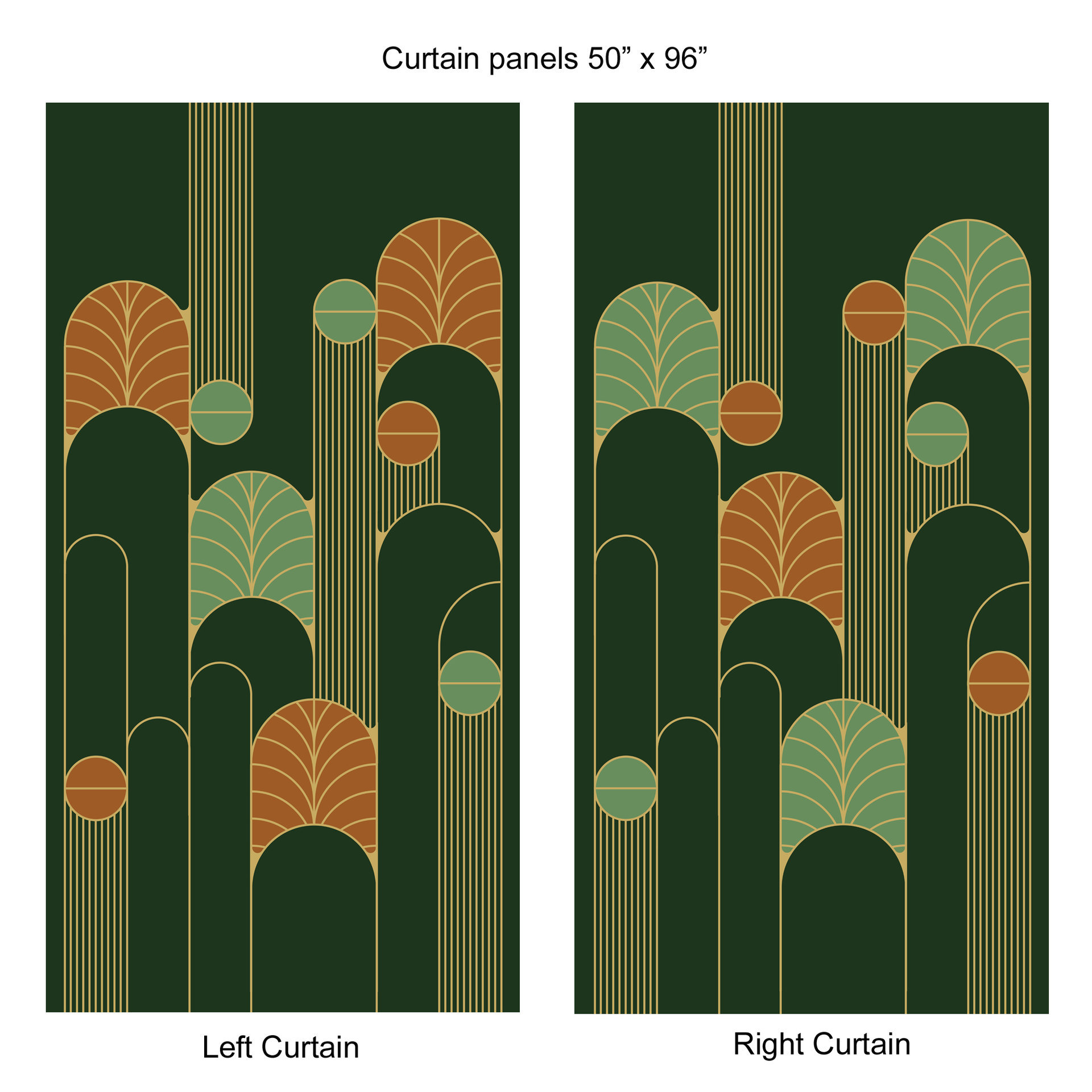 Forest Green Art Deco Rod Pocket Window Curtains 50x96