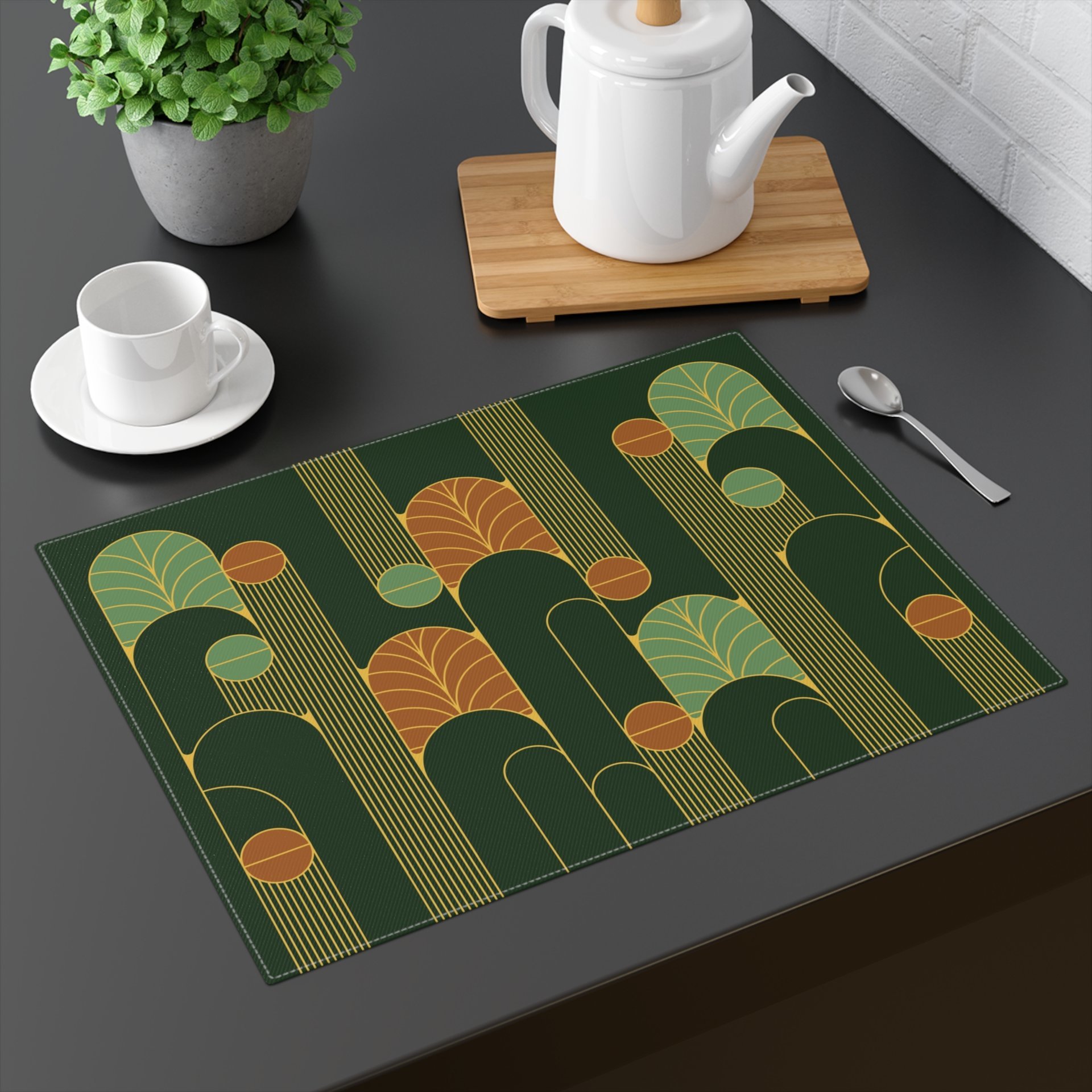 Forest Green Art Deco Placemat on a table