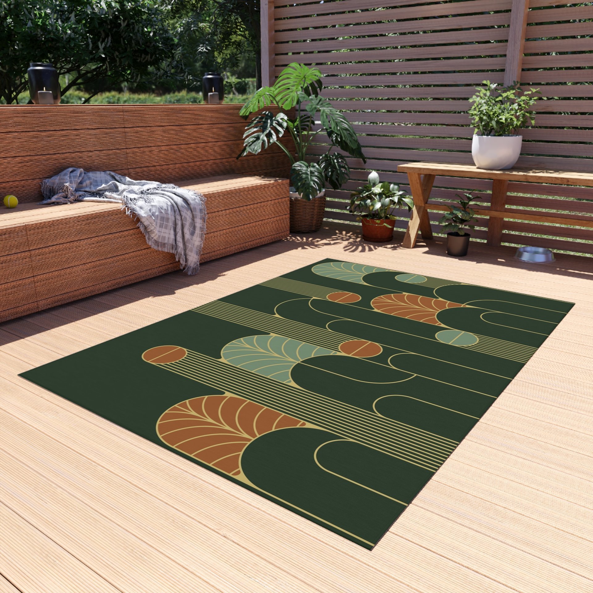 Minimalist Forest Green Art Deco Rug, Indoor Outdoor