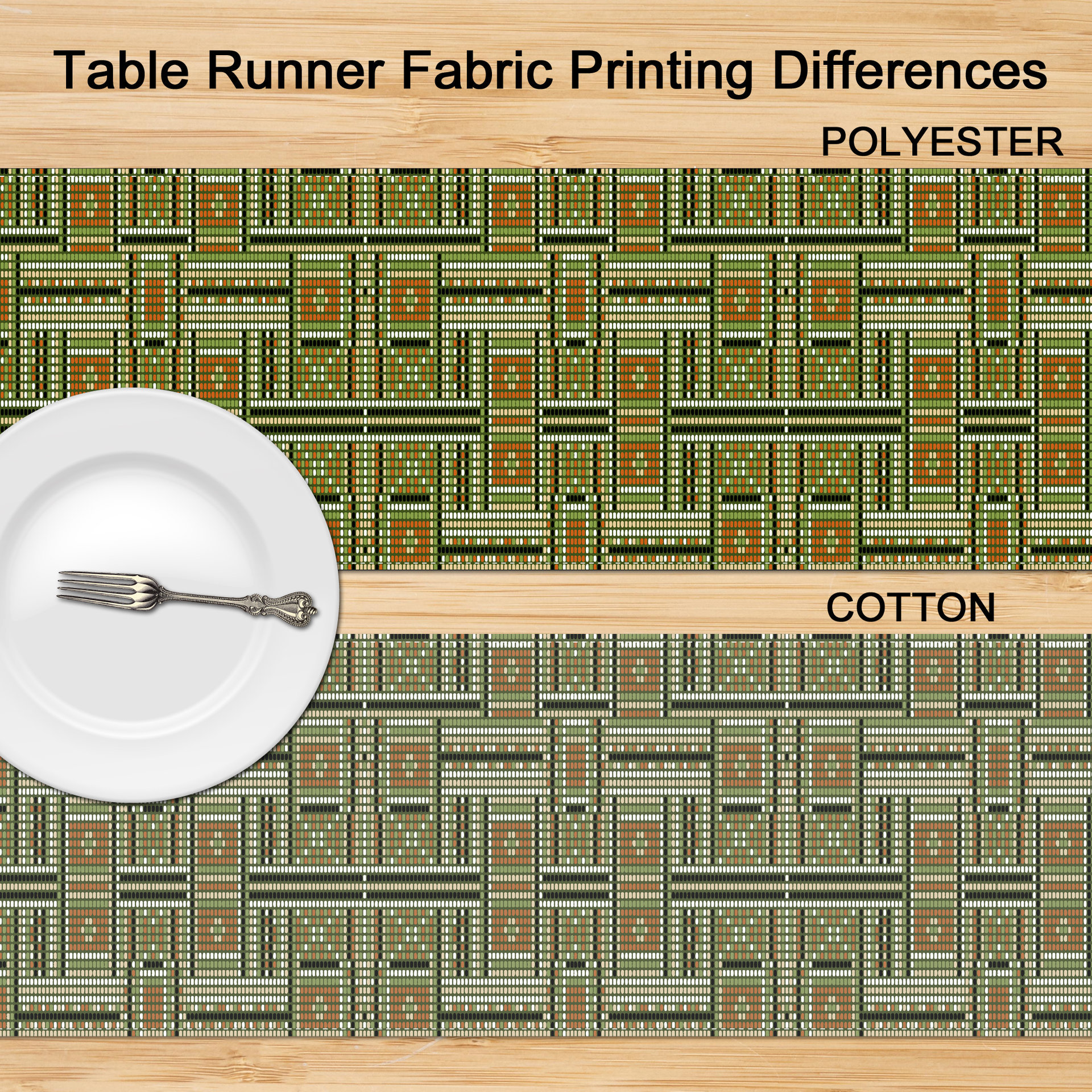 Vibrancy differences in printing on cotton and poly fabric for table runners