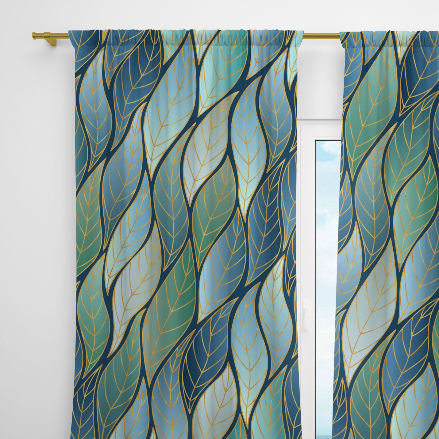 Wavy Ombré Leaves Window Curtains, Rod Pocket Panels