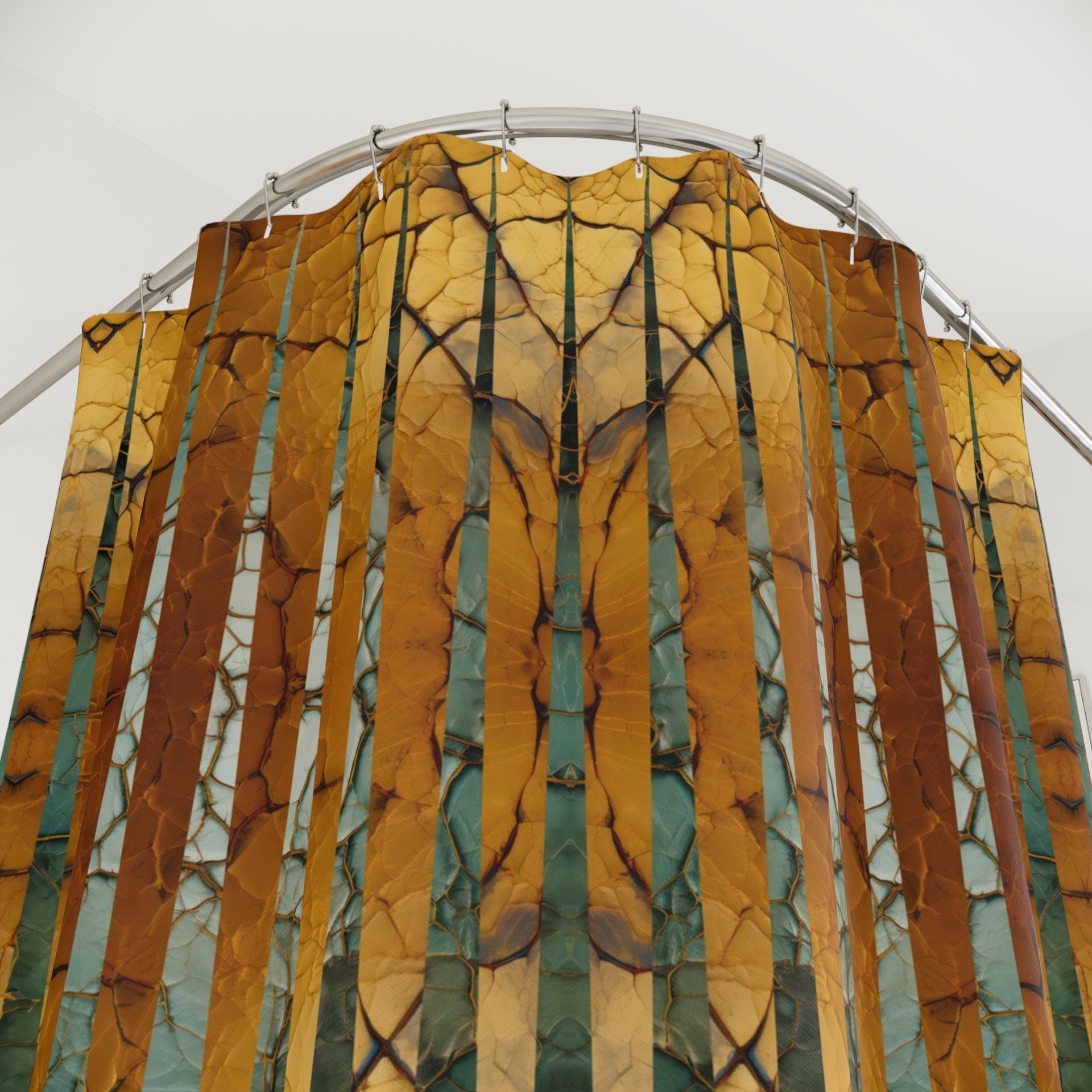 Dramatic and bold, geometric pattern in green and gold craquelure design. Shower curtain showing button hole top.