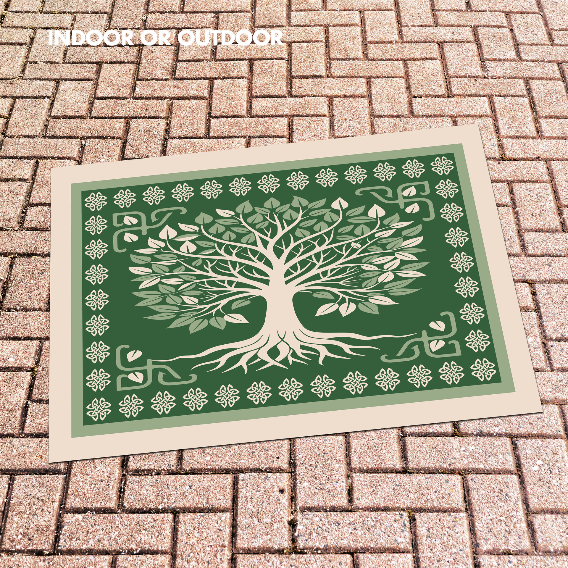 Celtic Tree of Life Rug in green and beige on patio stones
