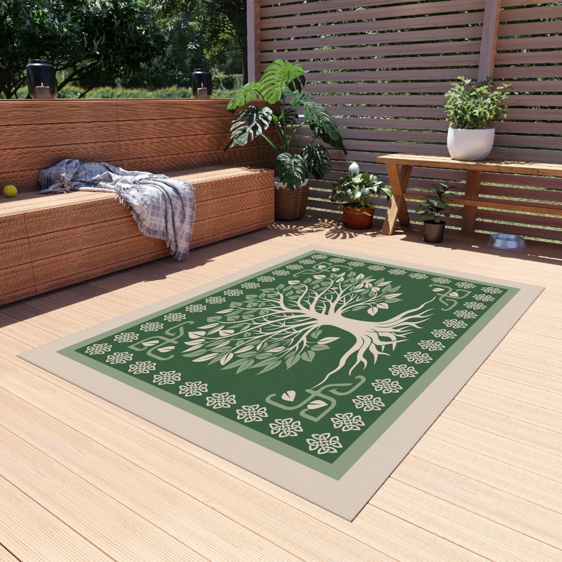 Outdoor Celtic Tree of Life Rug in green and beige