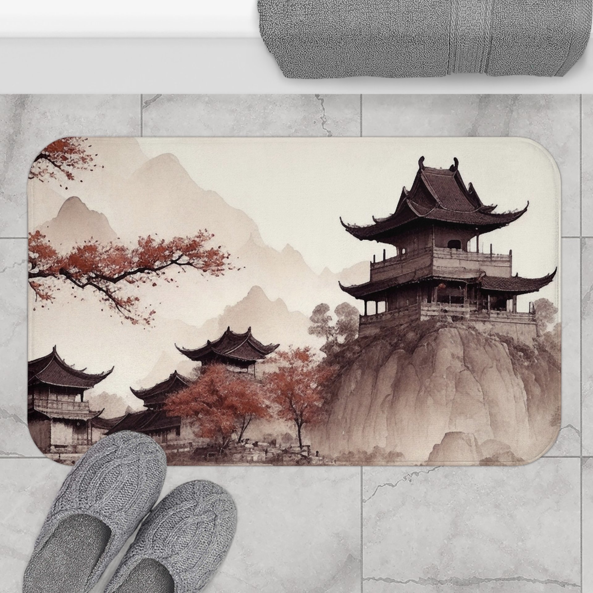 Neutral Japanese Shower Curtain, Bath Mat
