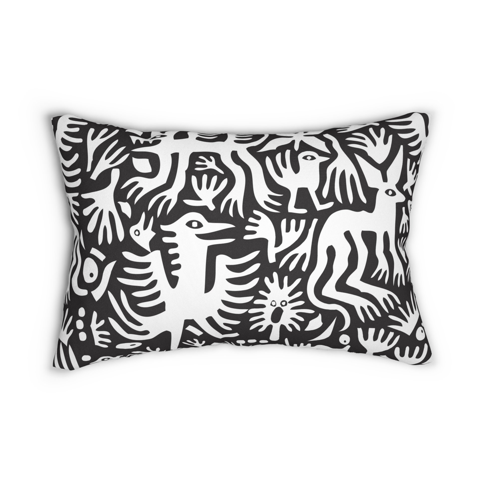 Lumbar pillow, Primitive white hand-drawn animals and plant life. One side is printed on a black background.