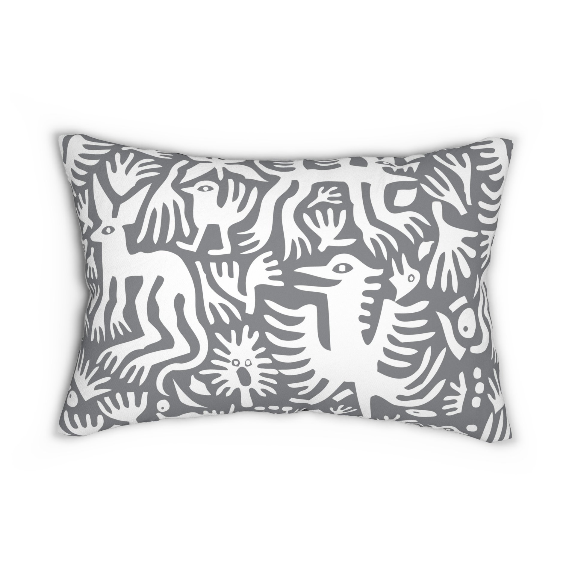 Lumbar pillow, Primitive white hand-drawn animals and plant life. One side is printed on a gray background.