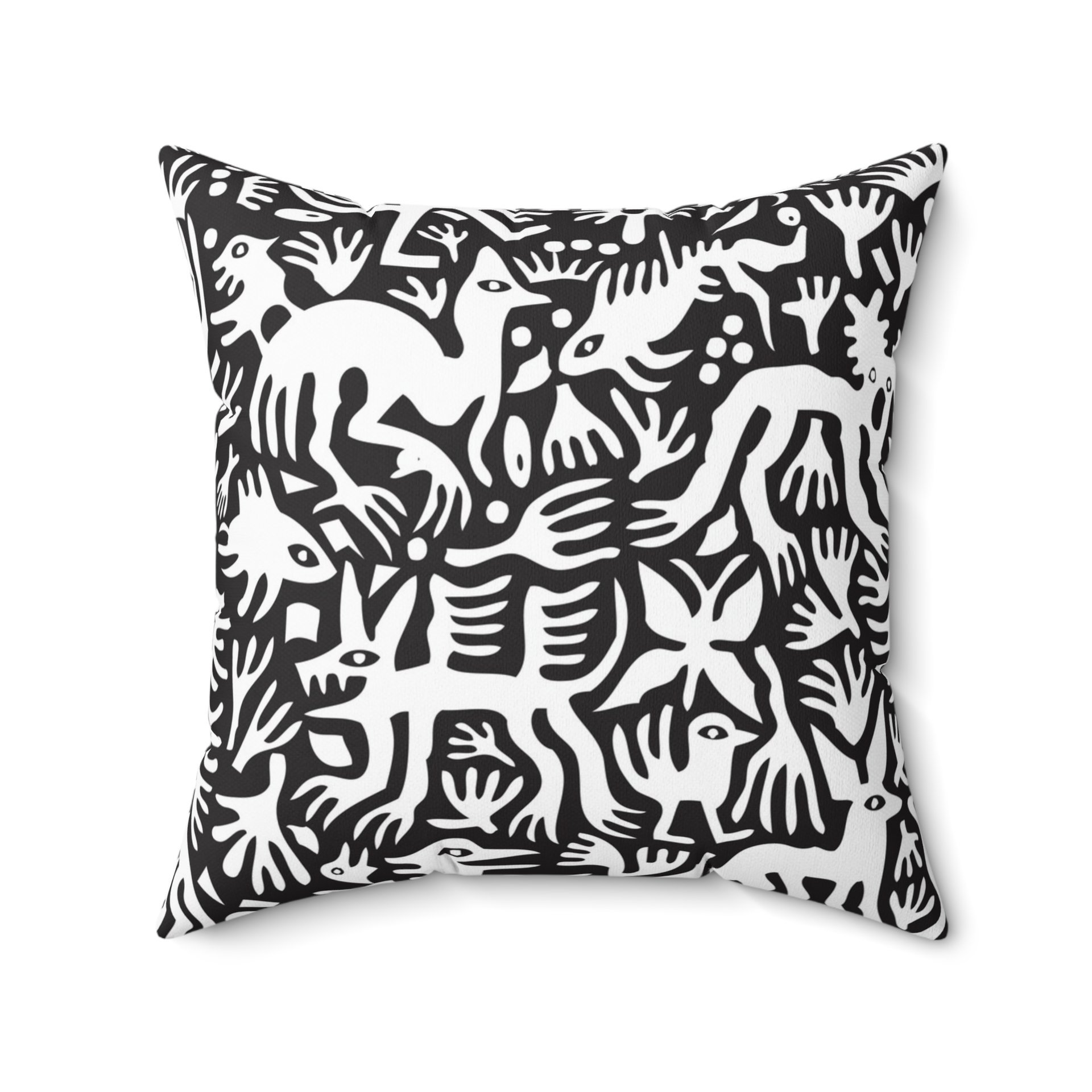 Primitive white hand-drawn animals and plant life. Printed on a black background.