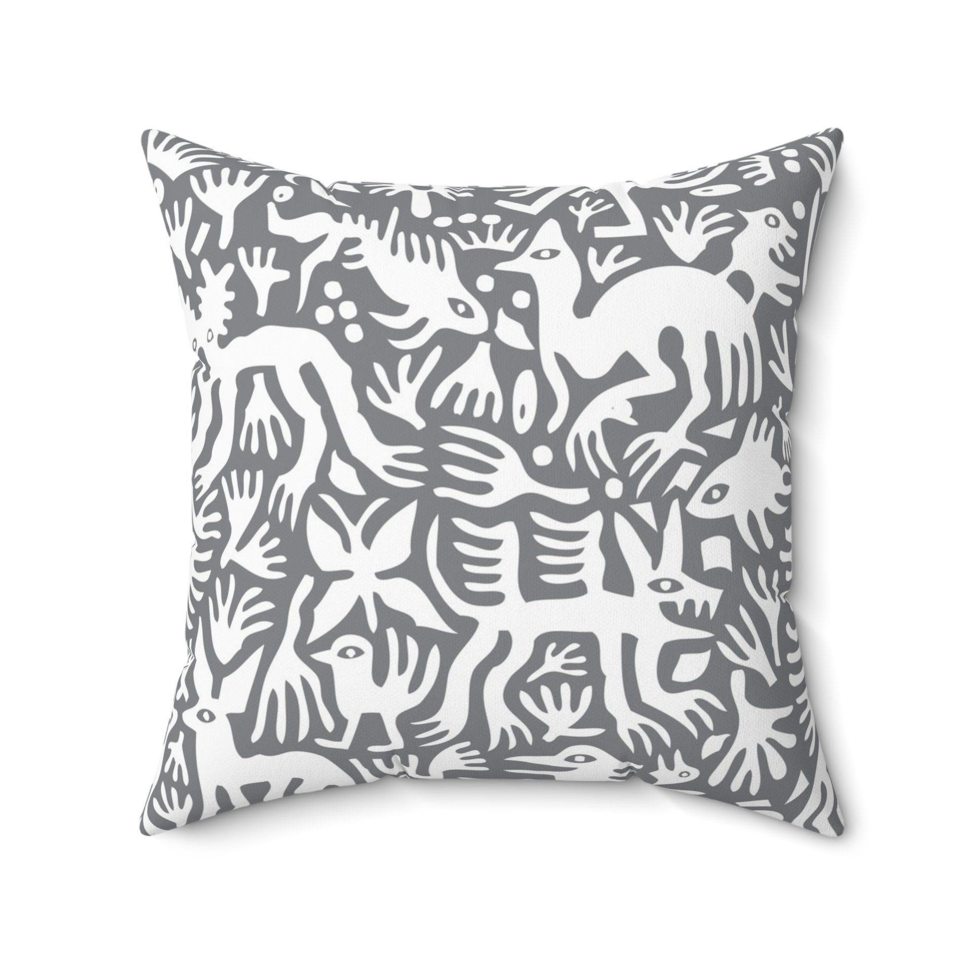 Primitive white hand-drawn animals and plant life. Printed on a gray background.