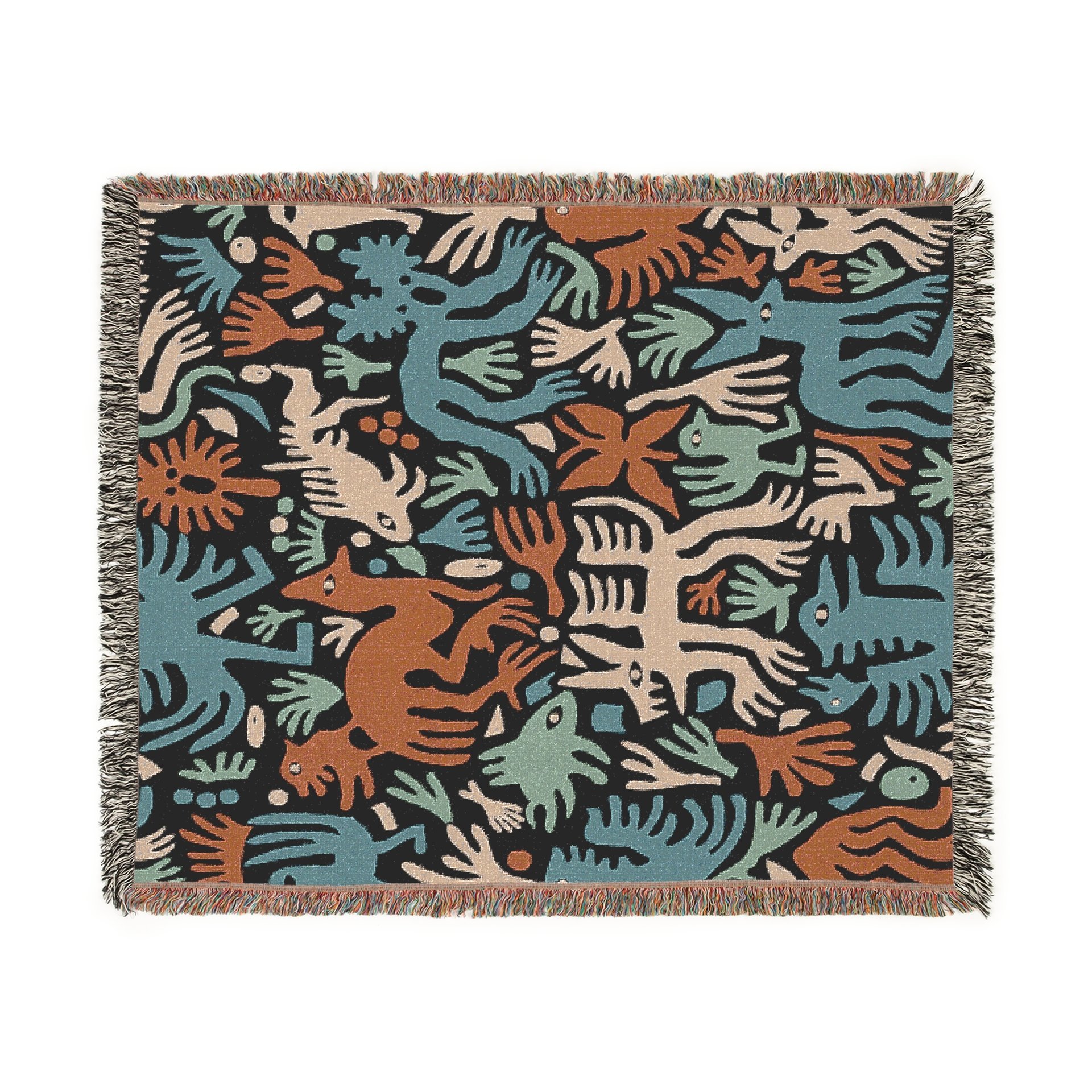 woven blanket with Modern folk art of otherworldly dinosaurs, flora and fauna in brown, beige, green and blue on a black background. 
