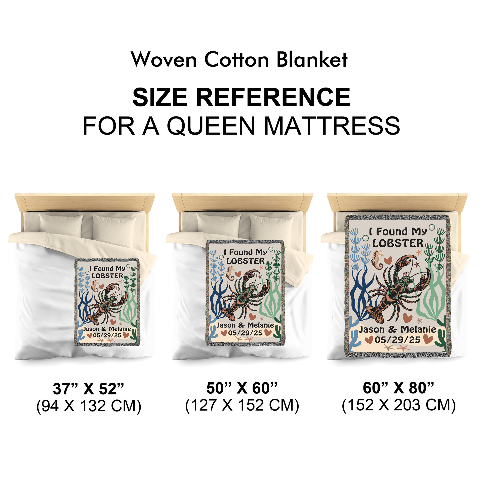 Personalized Woven Blanket size in reference to a queen size bed