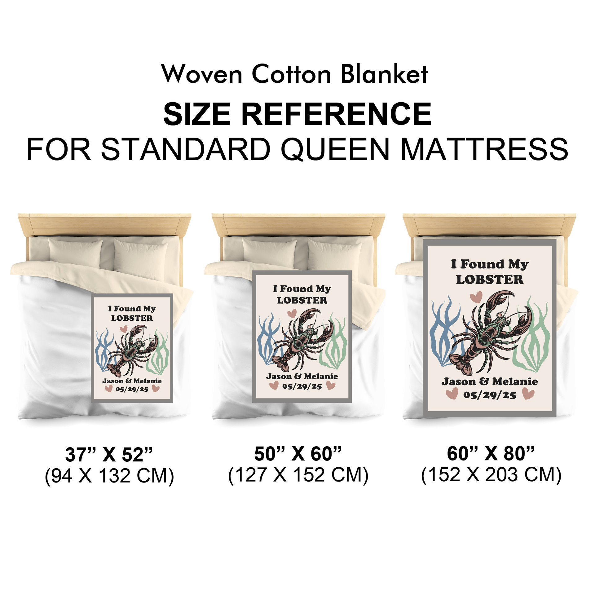woven blanket size chart in reference to a queen size bed infographic.