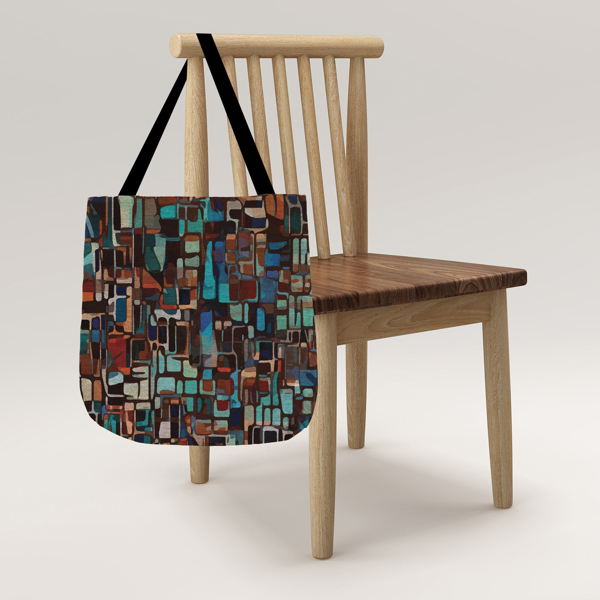 Stained Glass Design Woven Tote, Multicolor Geometric Shapes Tapestry Bag hanging from a chair.