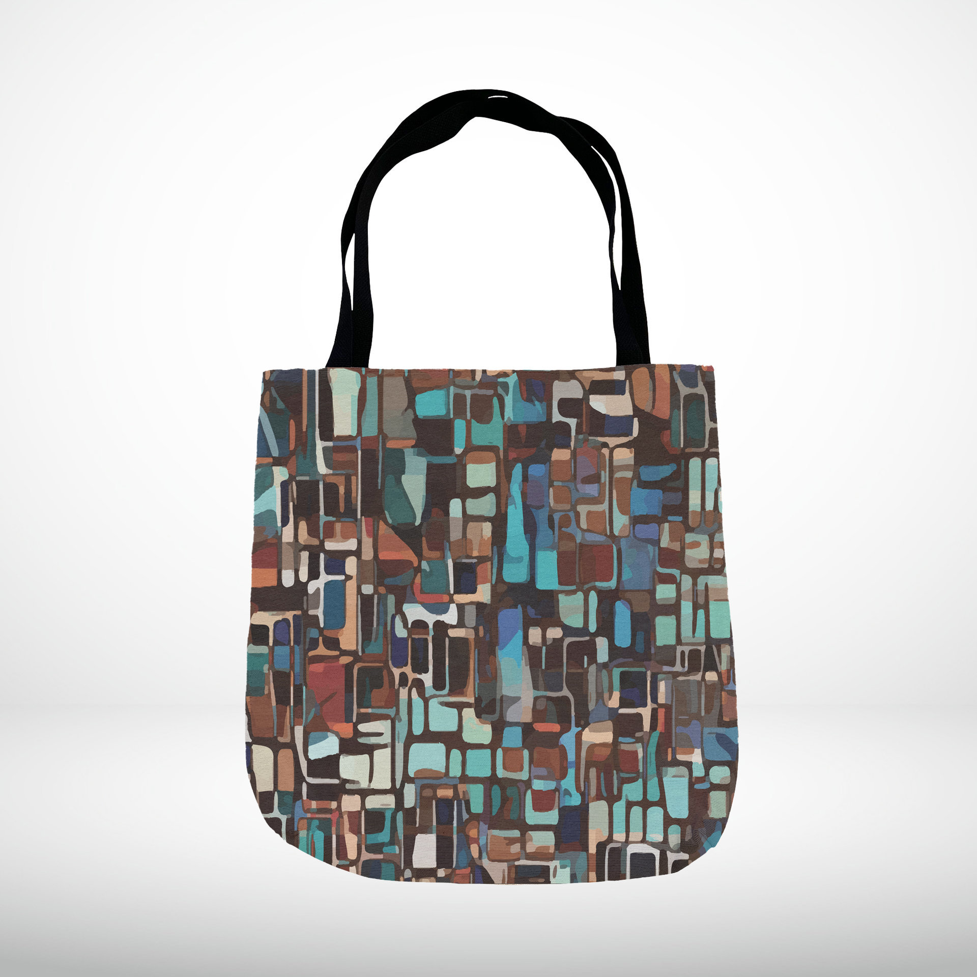 Stained Glass Design Woven Tote, Multicolor Geometric Shapes Tapestry Bag