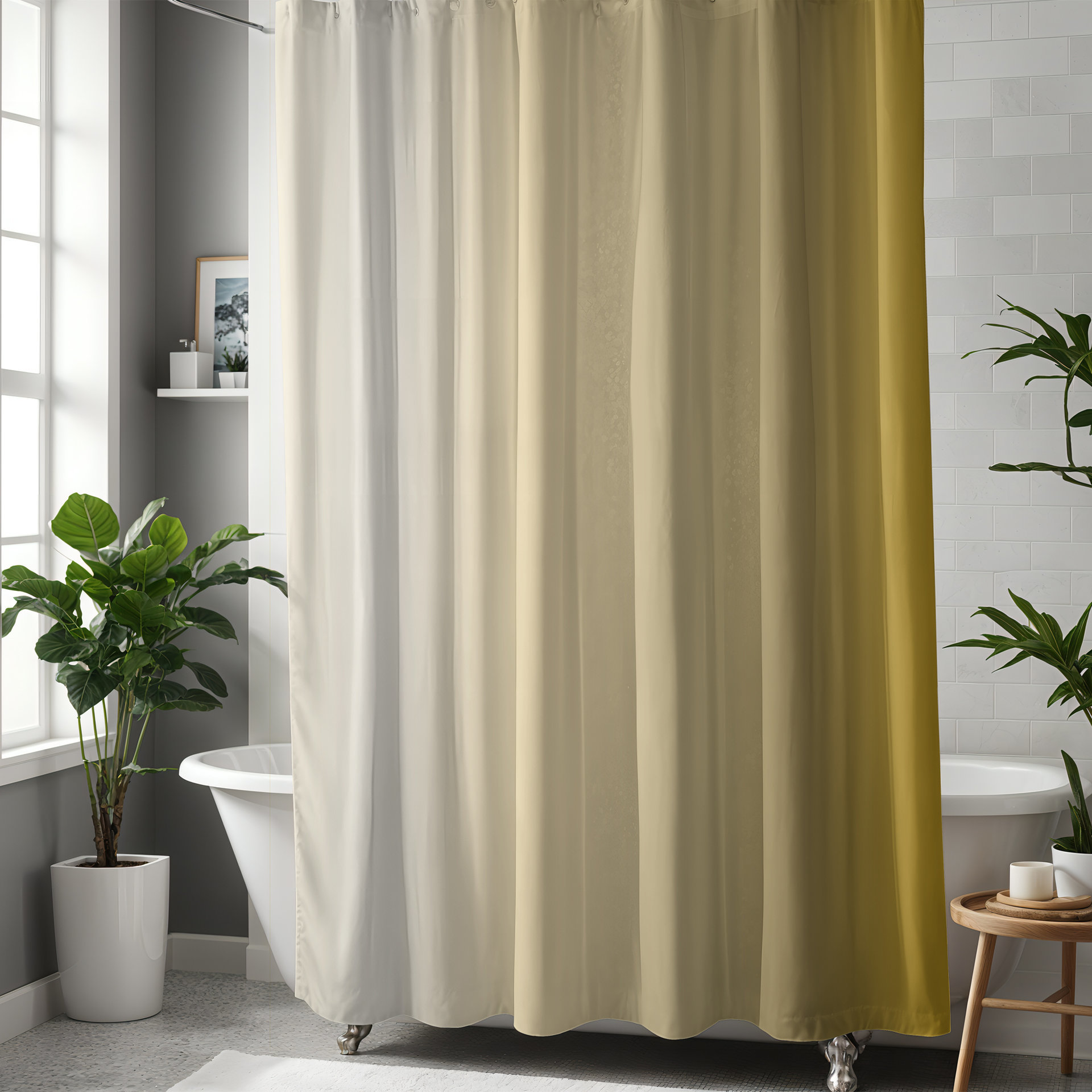 Lemon curry yellow Ombré Stripes Shower Curtain in a spa-like bathroom
