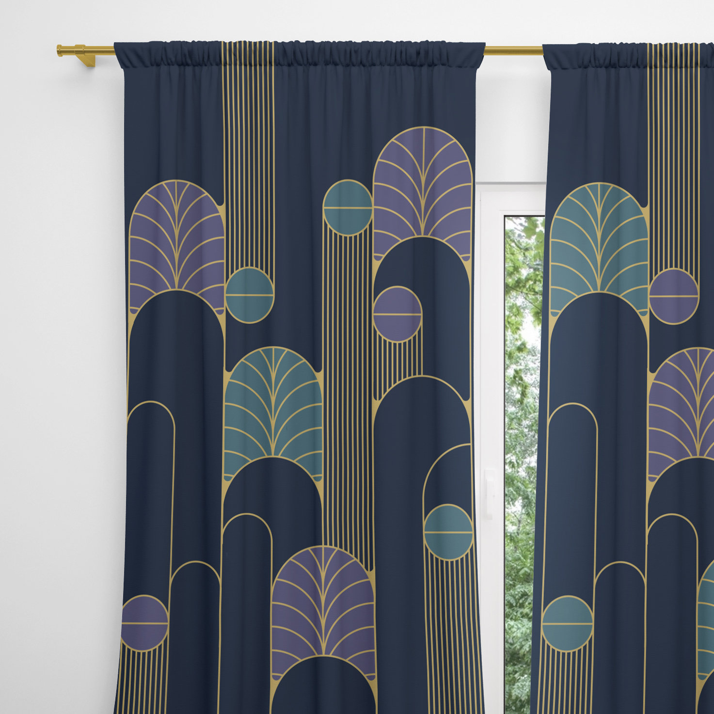 Navy Blue Art Deco Rod Pocket Window Curtains